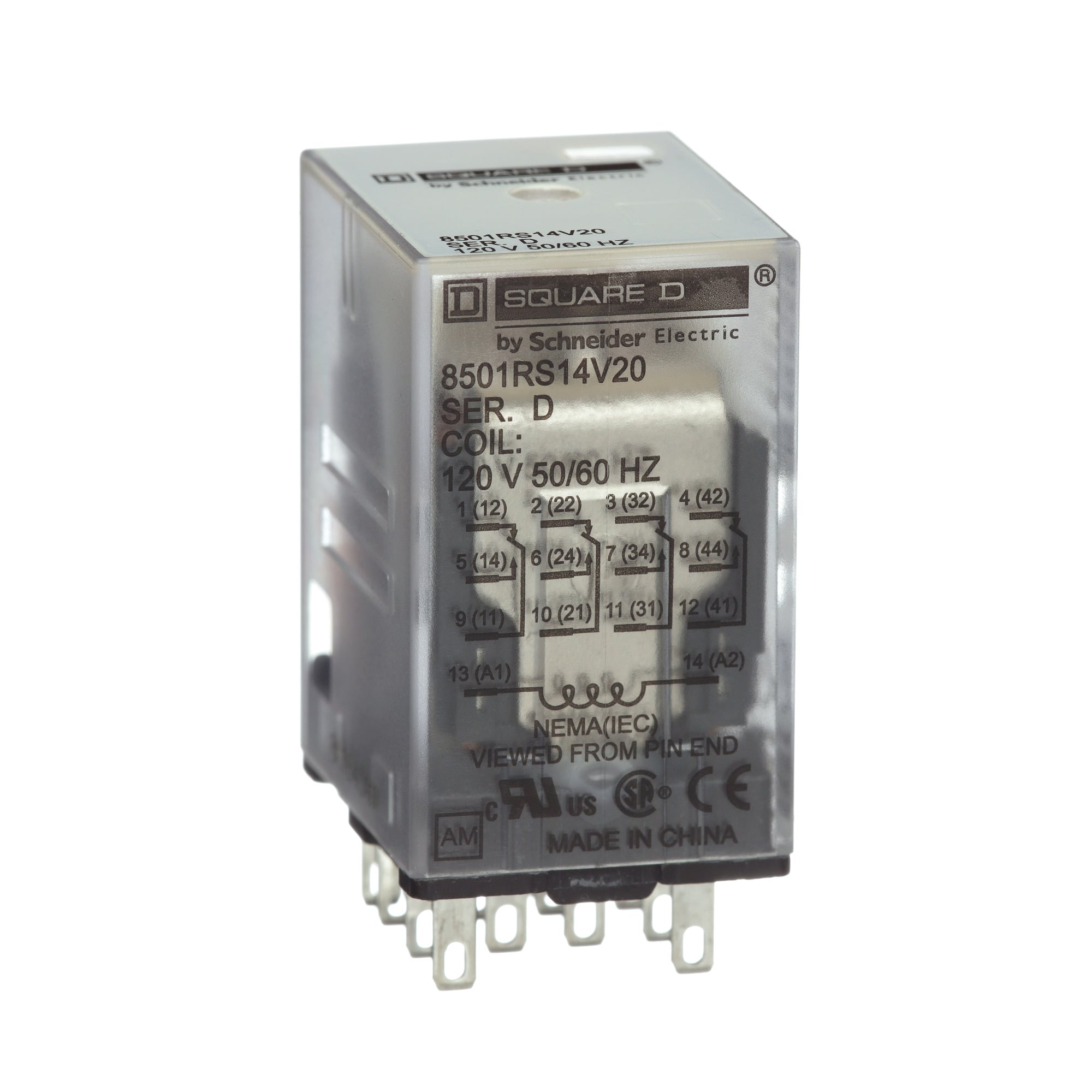 Square D,RELAY 240VAC 5AMP TYPE R +OPTIONS,-40F to 158F,24Vdc,4PDT,5A,Miniature Relay,Pick-Up 20ms(max) Drop-Out 20ms(max),Spade,low voltage,socket