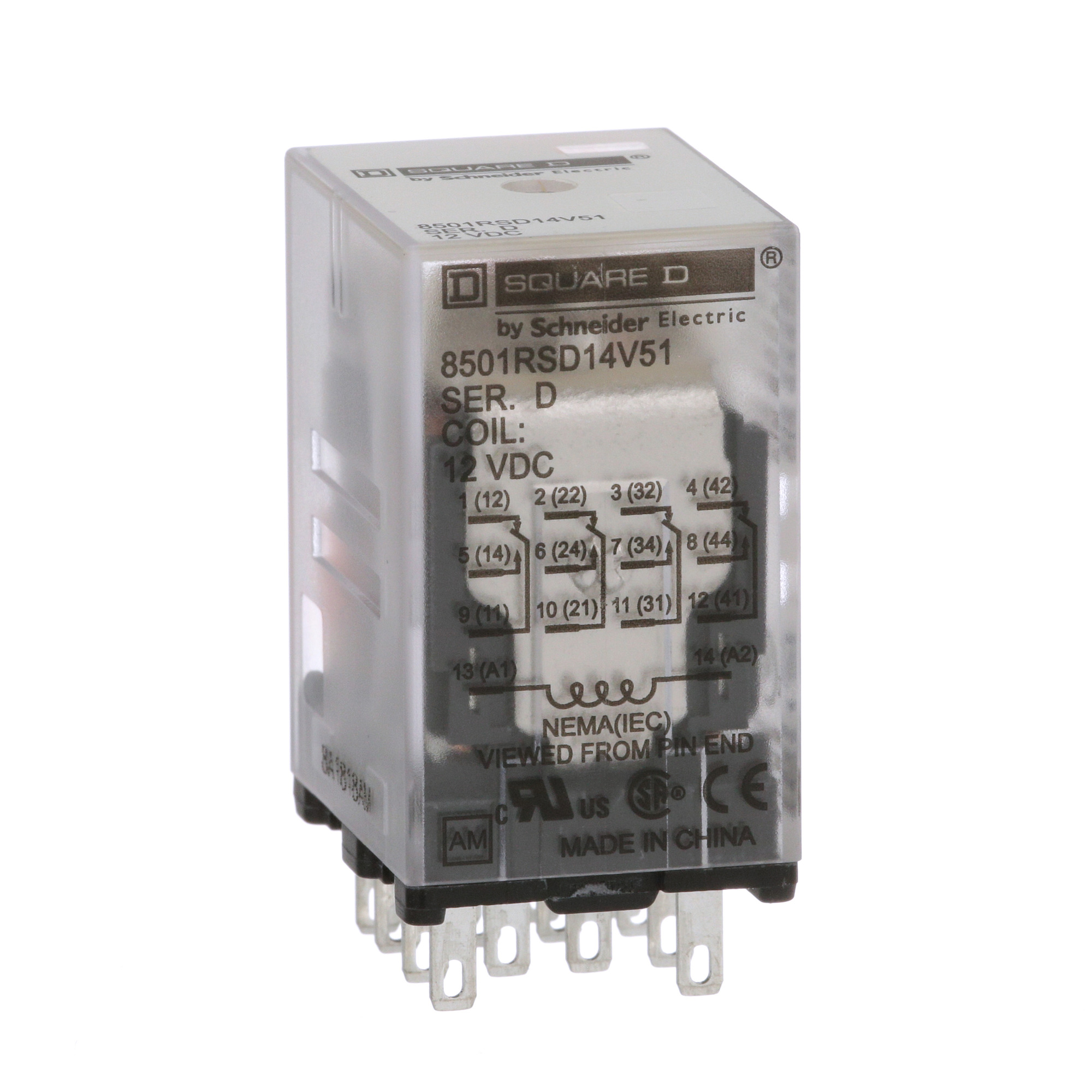 Plug in relay, Type R, miniature, 0.5 HP at 277 VAC, 8A resistive at 120 VAC, 14 blade, 4PDT, 4 NO, 4 NC, 12 VDC coil