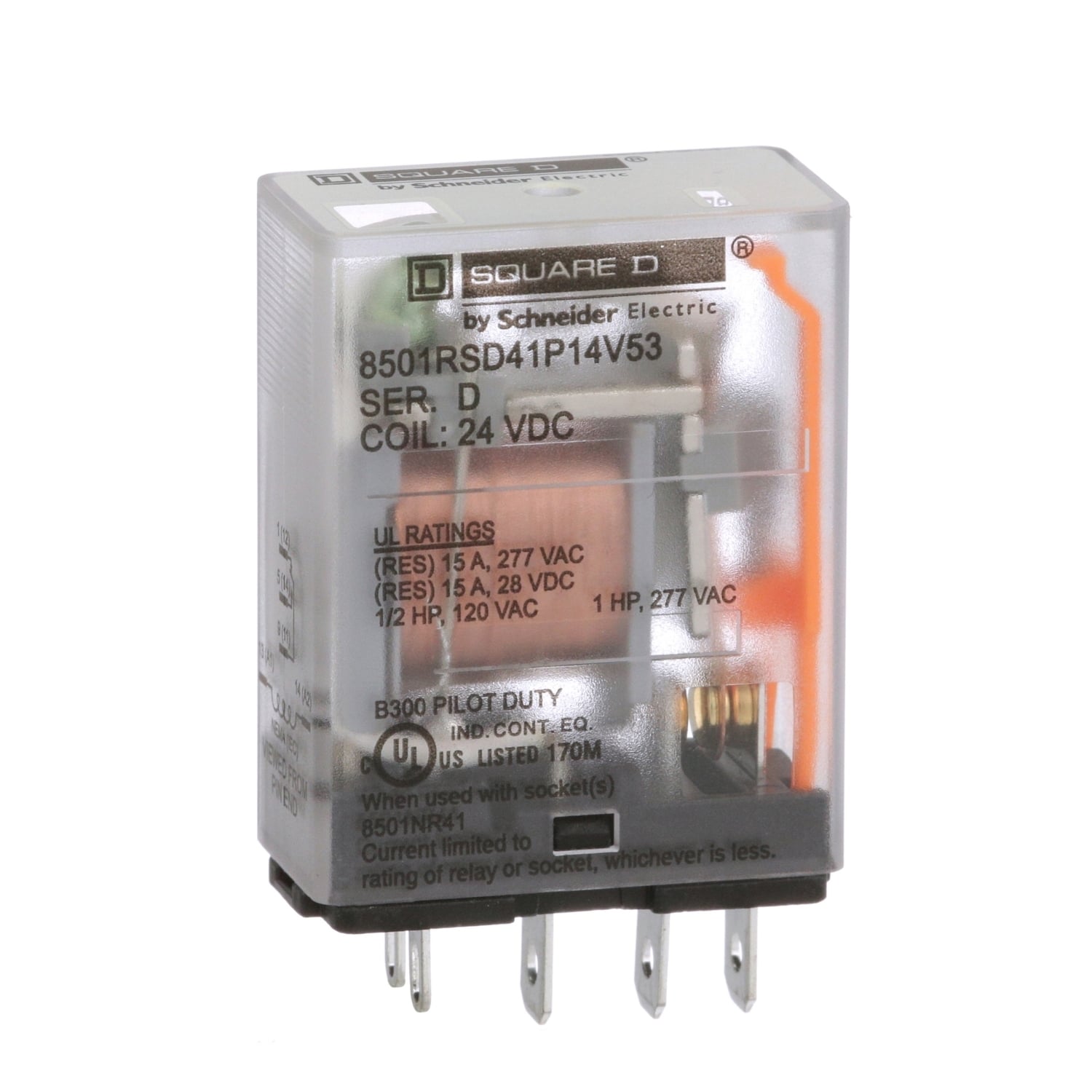 Plug in relay, Type R, miniature, 1 HP at 277 VAC, 15A resistive at 120 VAC, 5 blade, SPDT, 1 NO, 1 NC, 24 VDC coil