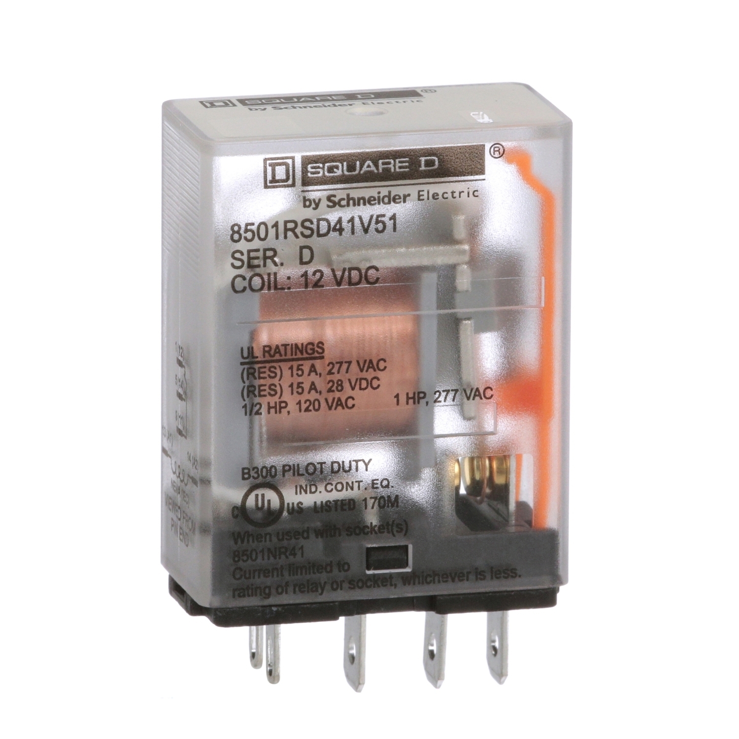Plug in relay, Type R, miniature, 1 HP at 277 VAC, 15A resistive at 120 VAC, 5 blade, SPDT, 1 NO, 1 NC, 12 VDC coil