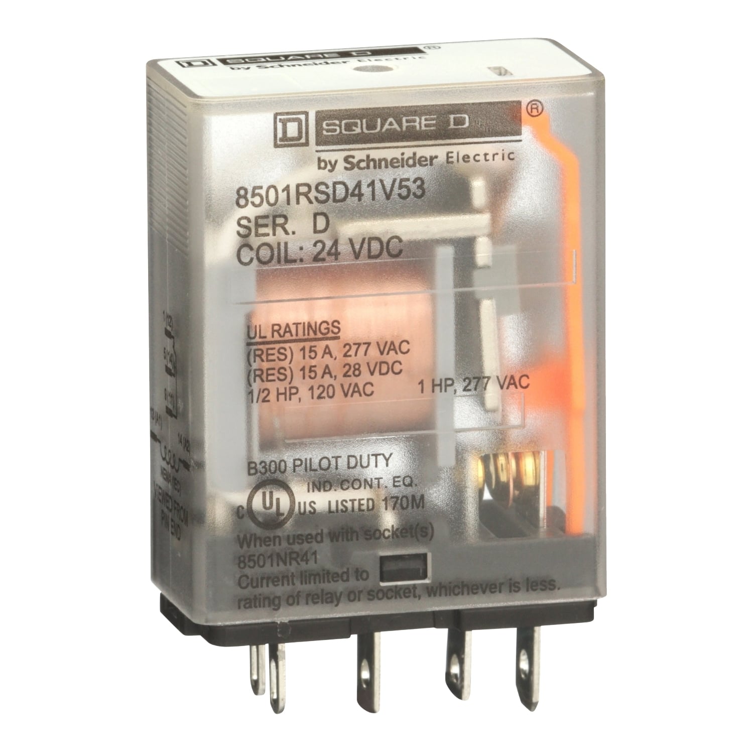 Miniature Relay, Harmony 8501R, SPDT, 5 blades, coil, 1HP at 277V AC, 15A resistive at 120V AC, 24V DC, 1NO+ 1NC