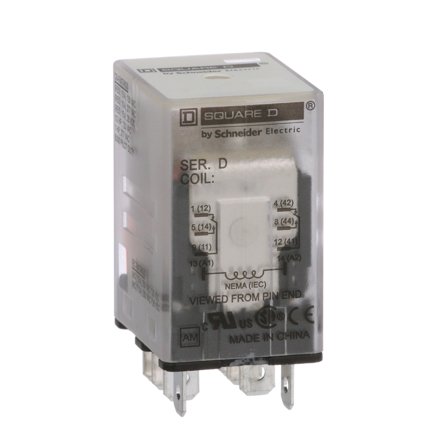 Plug in relay, Type R, miniature, 1 HP at 277 VAC, 15A resistive at 120 VAC, 8 blade, DPDT, 2 NO, 2 NC, 24 VDC coil