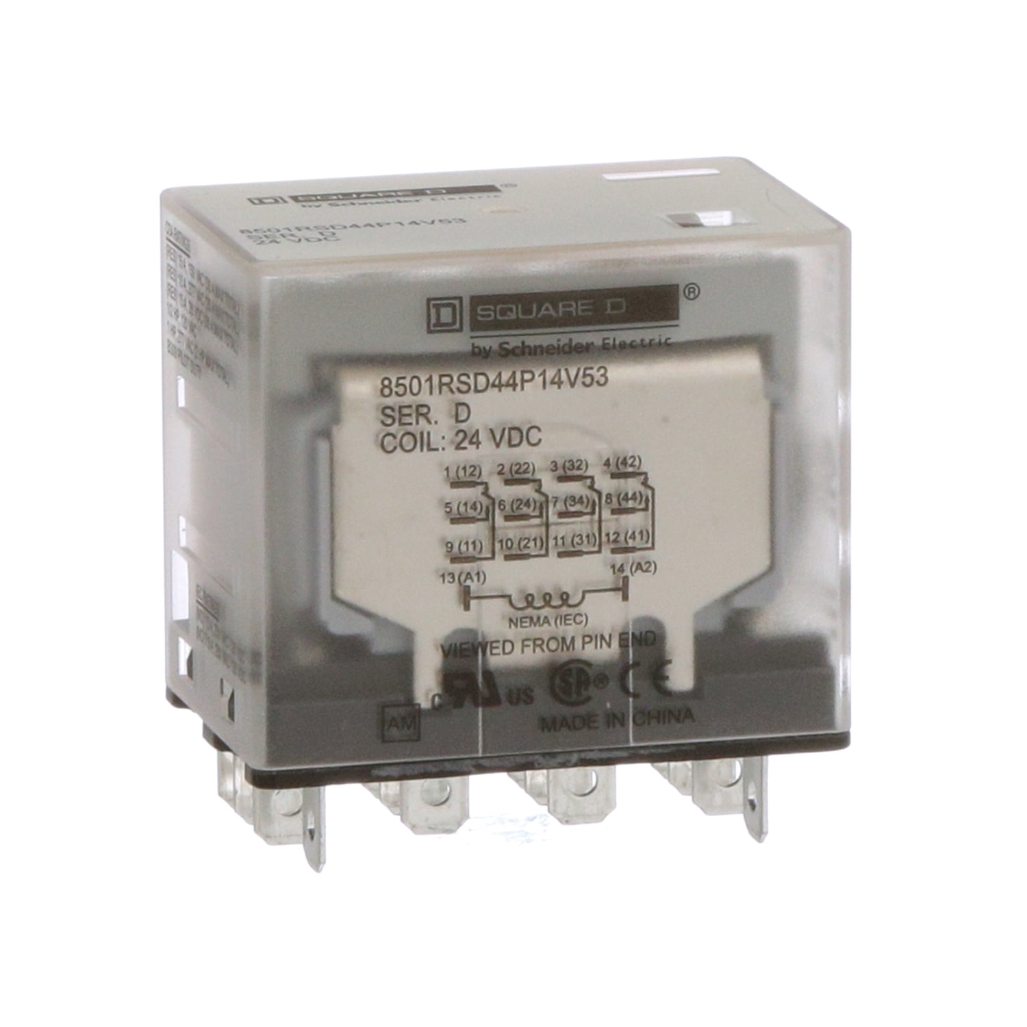 Plug in relay, Type R, miniature, 1 HP at 277 VAC, 15A resistive at 120 VAC, 14 blade, 4PDT, 4 NO, 4 NC, 24 VDC coil