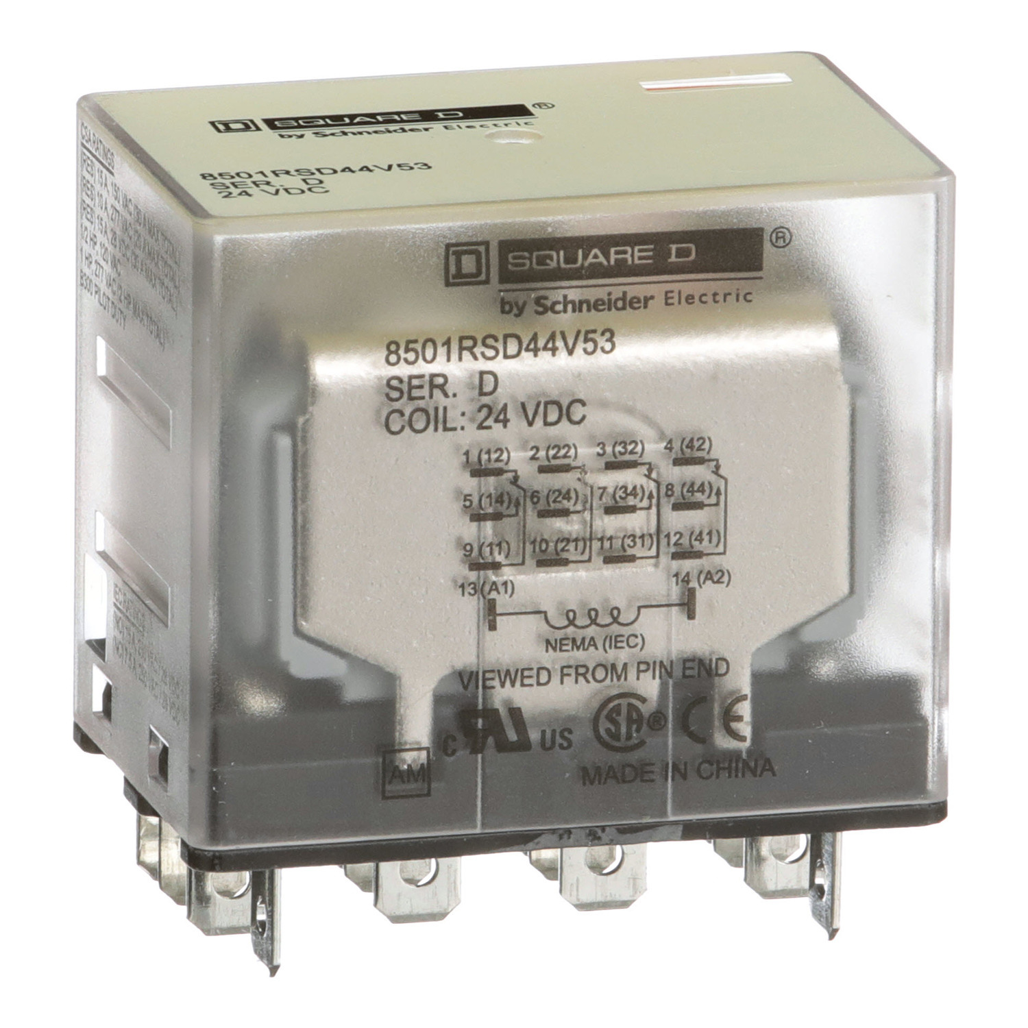 Relay, Type R, plug in, miniature, 1HP at 277VAC, 15A resistive at 120VAC, 14 blade, 4PDT, 4NO, 4NC, 24VDC coil