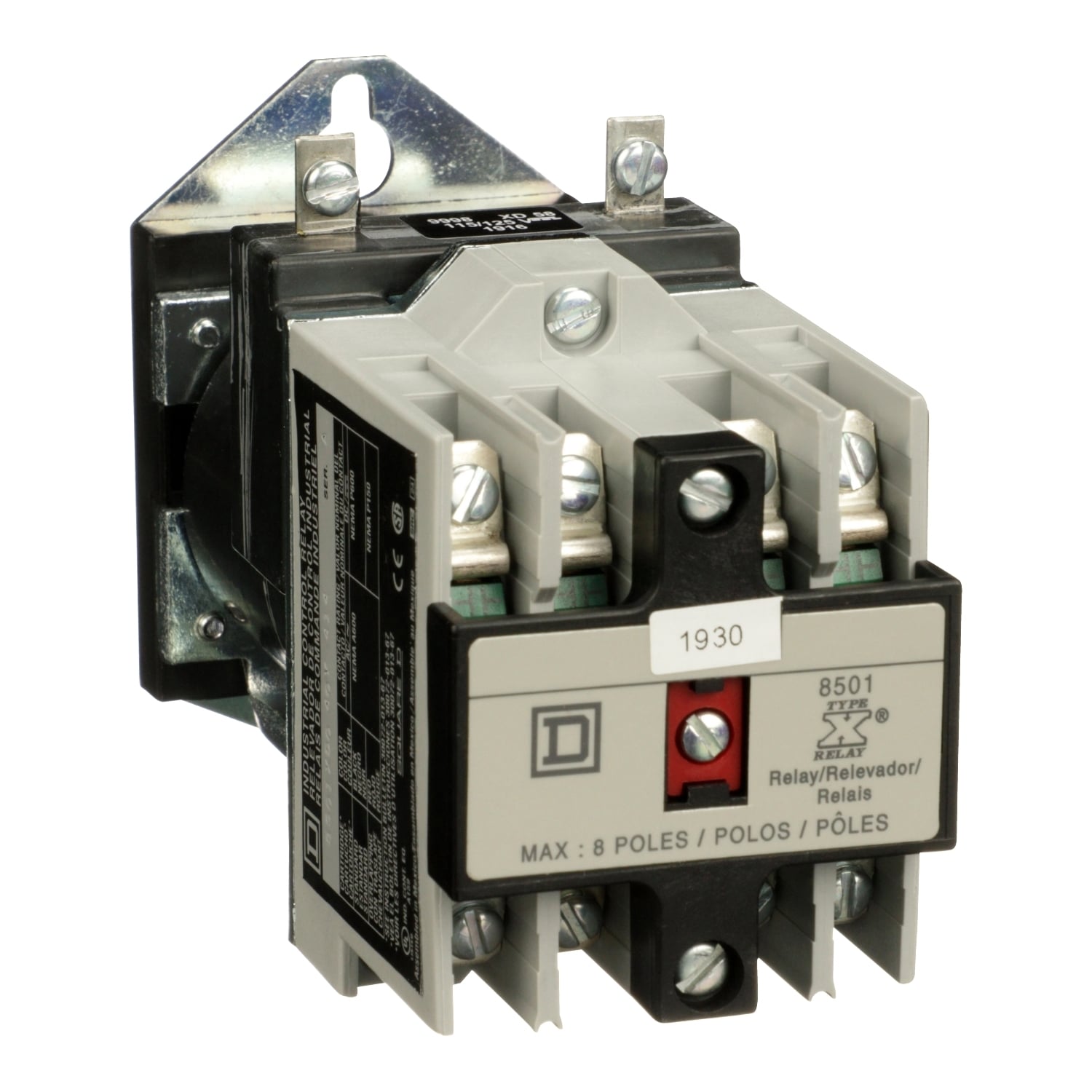 NEMA Control Relay, Type X, machine tool, 10A resistive at 600 VAC, 4 normally open contacts, 115/125 VDC coil, pan head