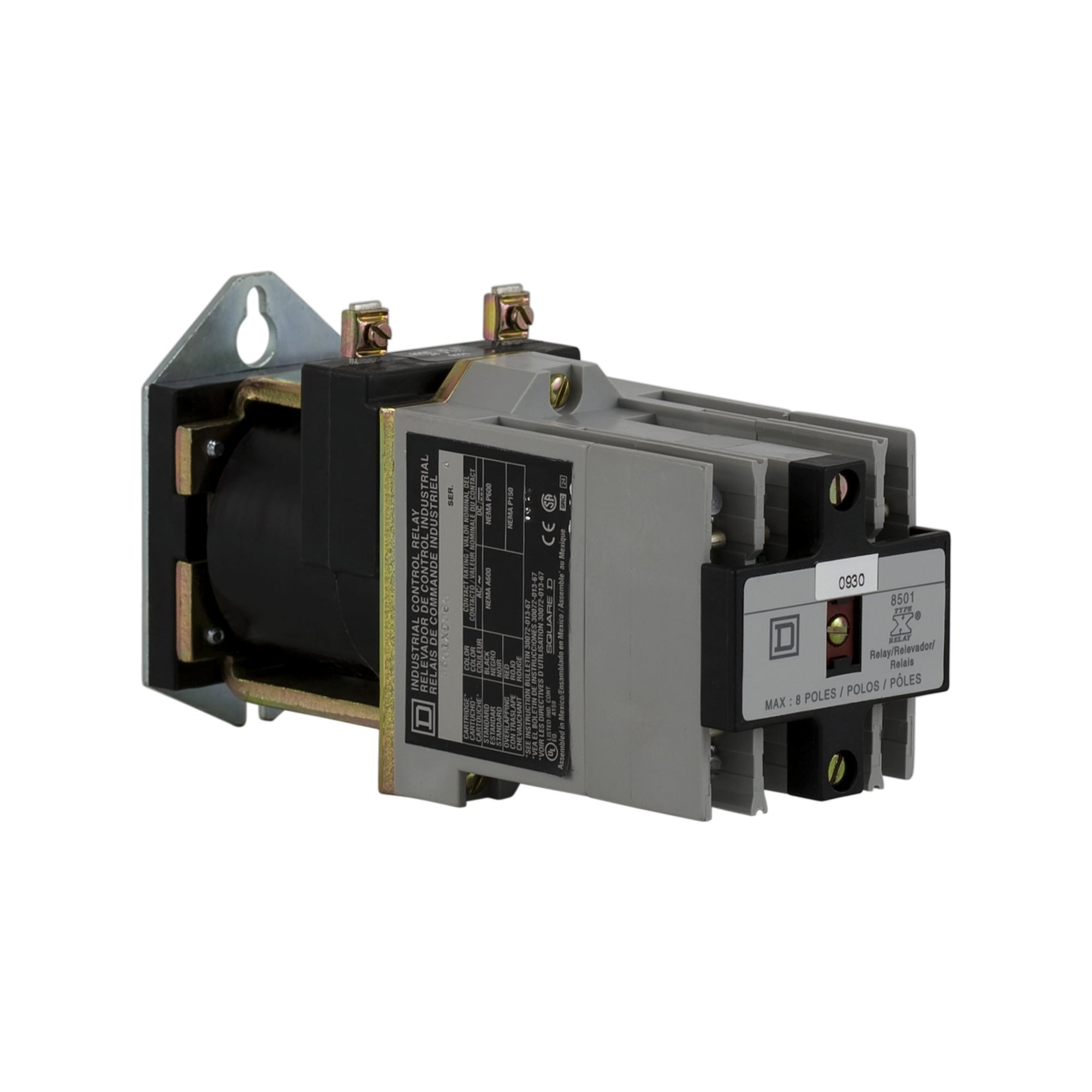 NEMA Control Relay, Type X, machine tool, 10A resistive at 600 VAC, 8 normally open contacts, 230/250 VDC coil