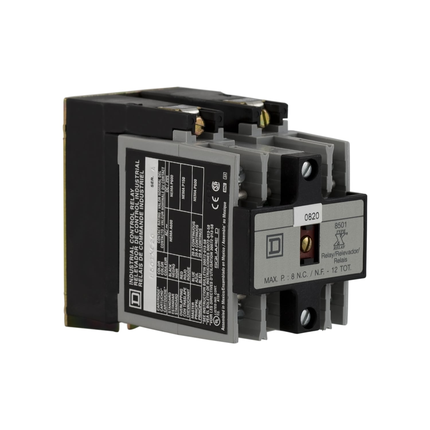 NEMA Control Relay, Type X, timing, 1 minute off delay, 10A resistive at 600 VAC, 2 normally open, 120 VAC 60 Hz coil