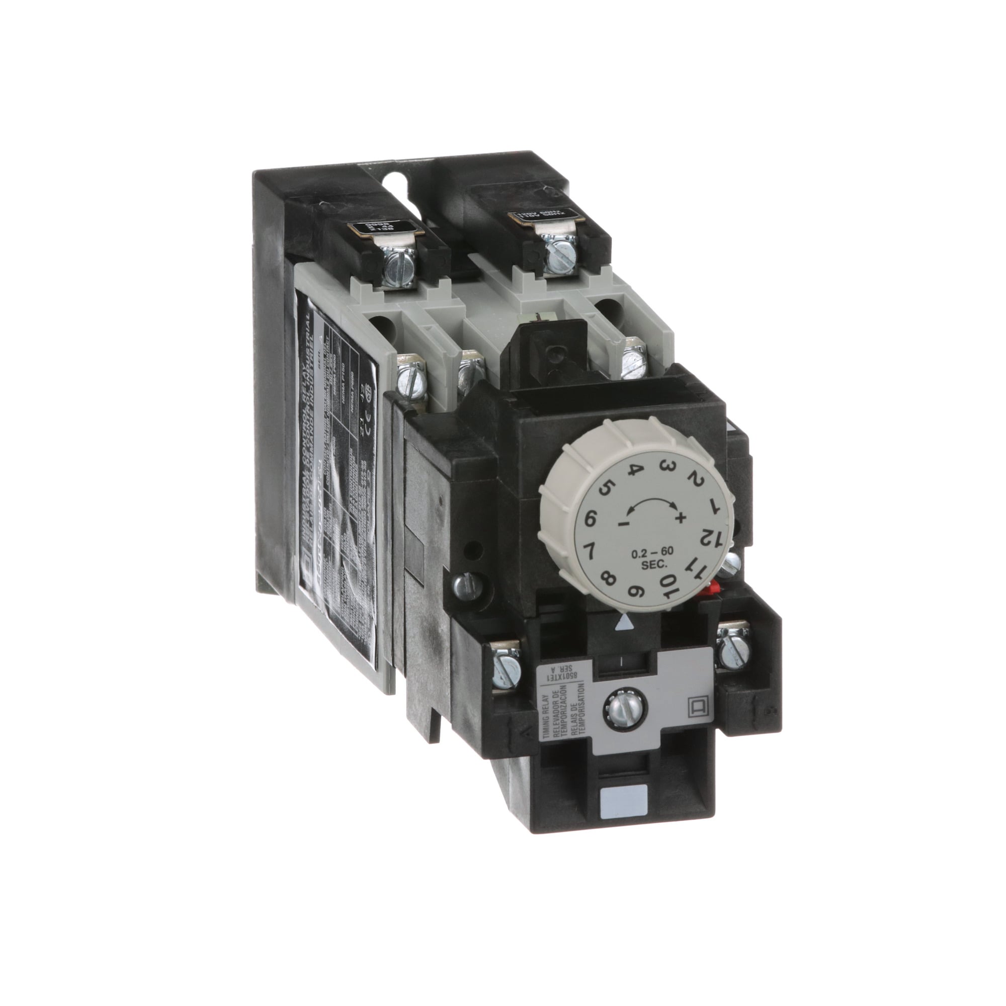 NEMA Control Relay, Type X, timing, 1 minute on delay, 10A resistive at 600 VAC, 2 normally open, 120 VAC 60 Hz coil