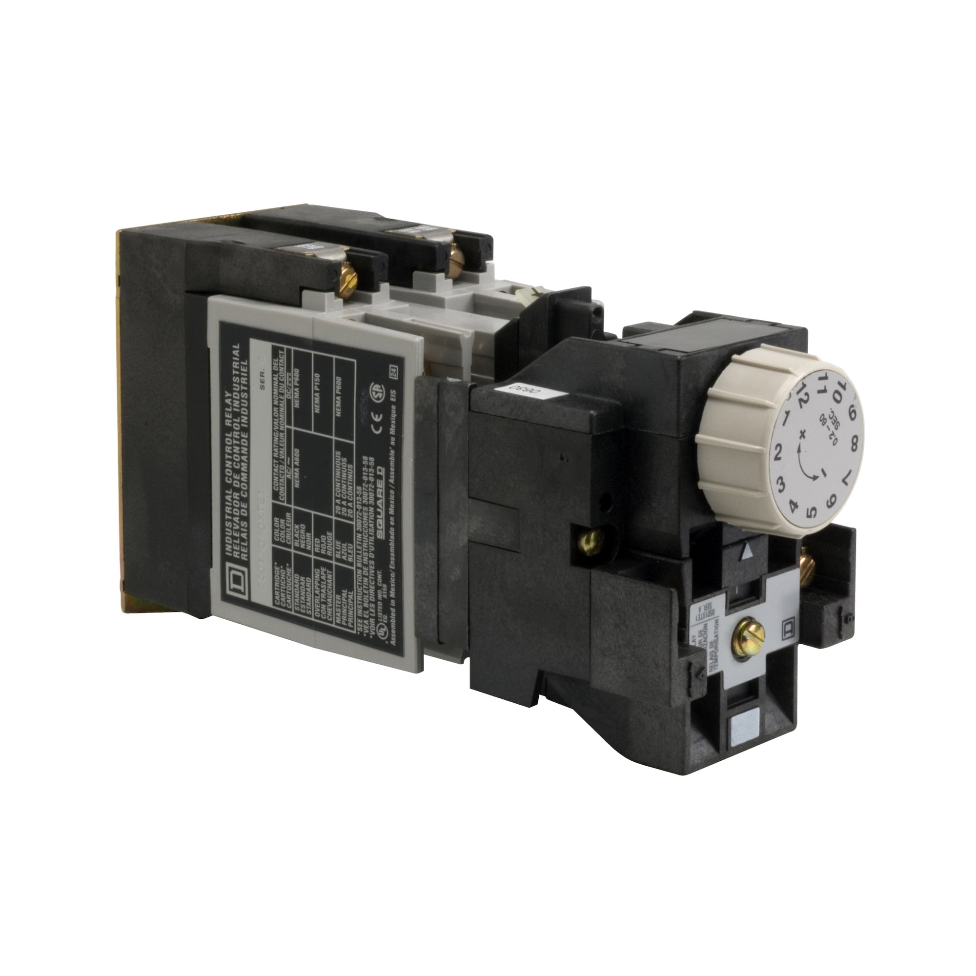 NEMA Control Relay, Type X, timing, 1 minute off delay, 10A resistive at 600 VAC, 4 normally open, 120 VAC 60 Hz coil