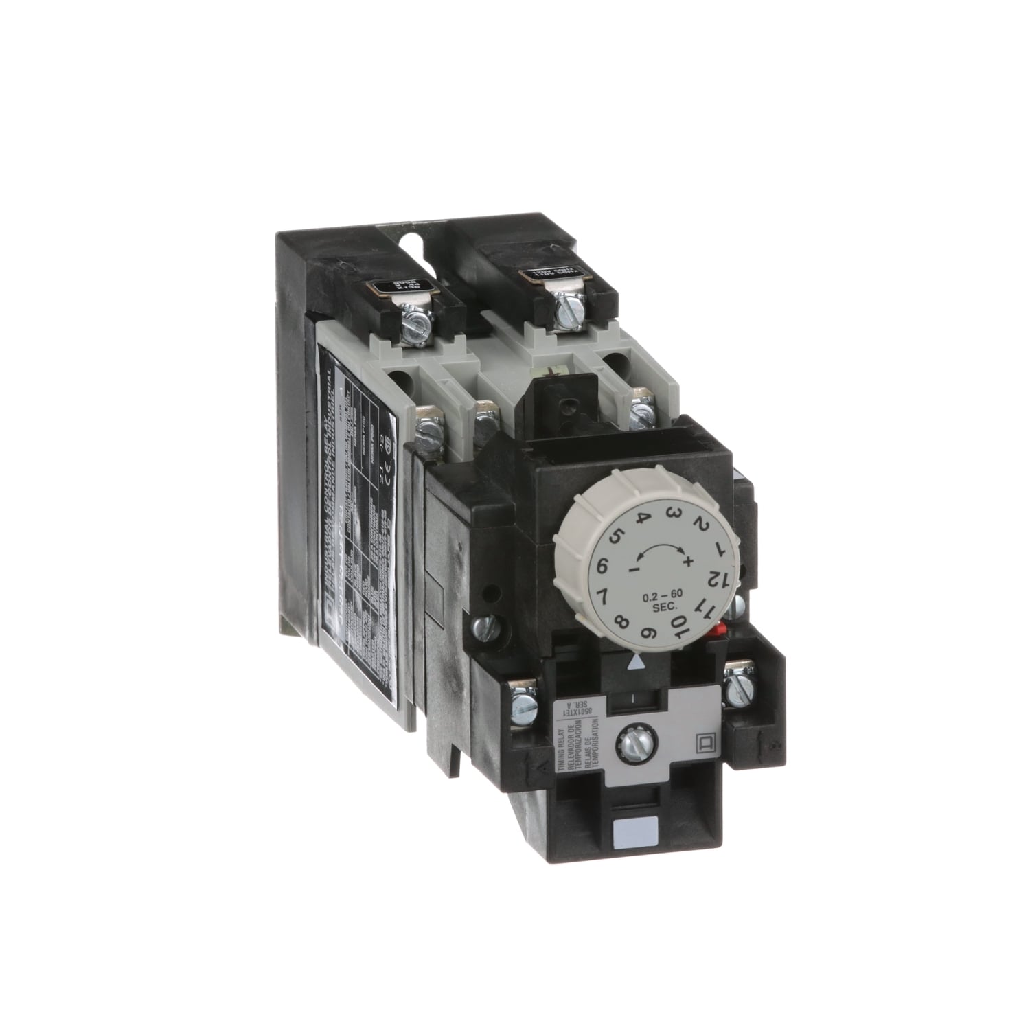 NEMA Control Relay, Type X, timing, 1 minute on delay, 10A resistive at 600 VAC, 4 normally open, 120 VAC 60 Hz coil