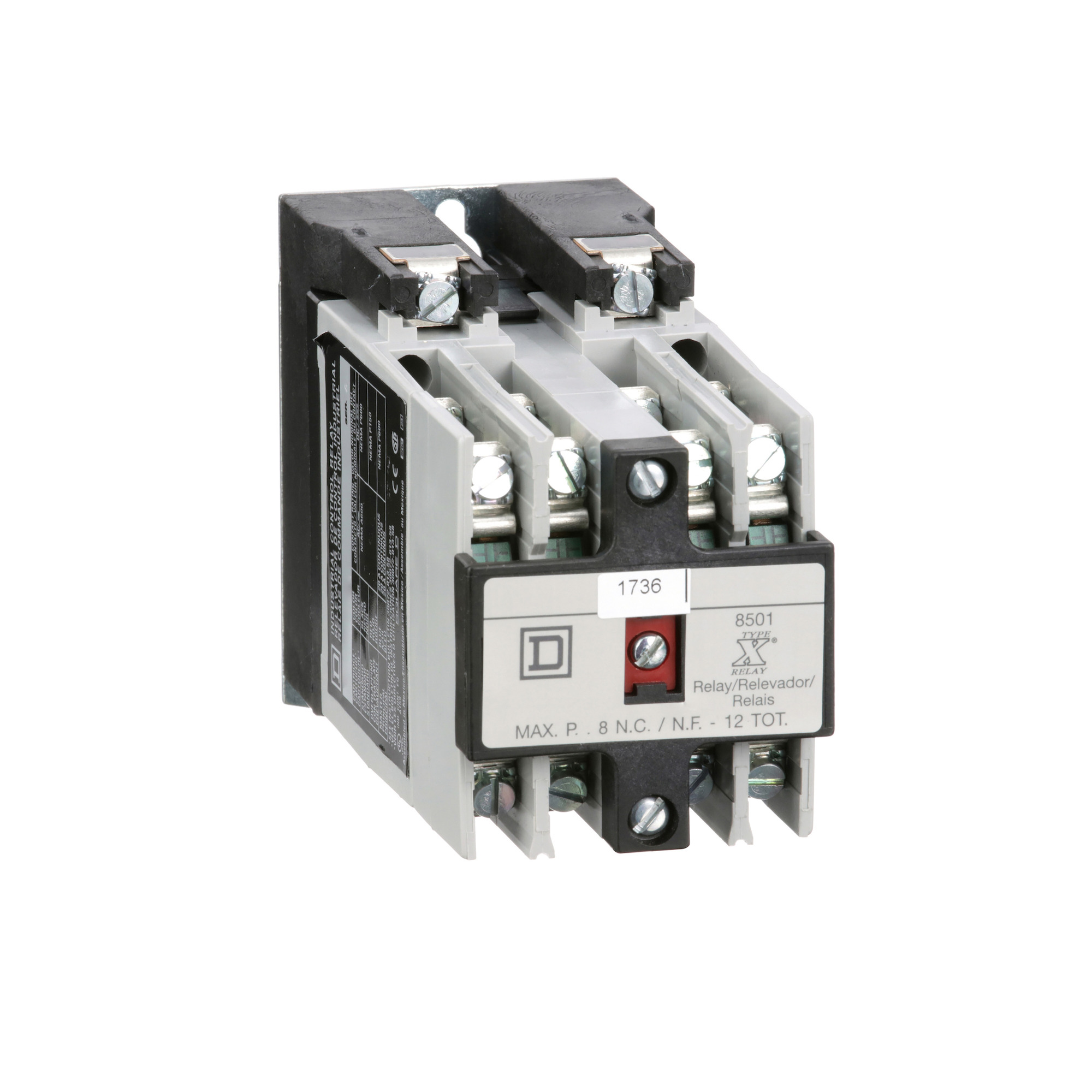 Square D,RELAY 600VAC 10AMP NEMA +OPTIONS,-40...160 F,208 Vac@60Hz,8 NO 8 standard contact cartridges,8-Pole,A600 - P600,AC 10A - DC 5A,Pick-Up 15ms - Drop-Out 16ms,Screw Clamp,UL Listed - CSA Certified - CE Marked,control,relay,panel