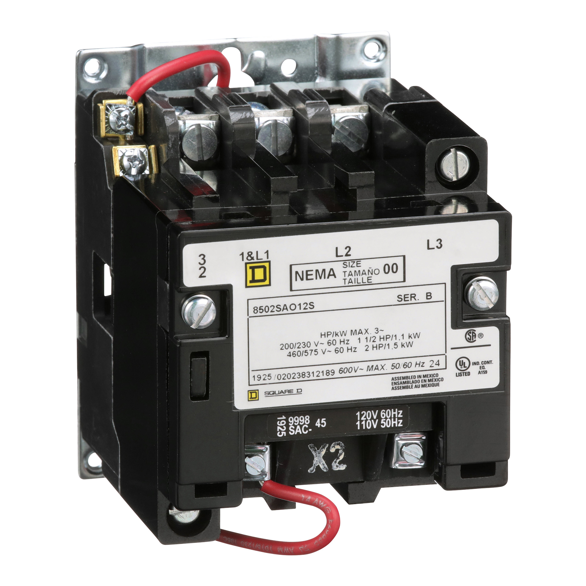 NEMA Contactor, Type S, nonreversing, Size 00, 9A, 3 HP at 575 VAC, 3 phase, up to 100 kA, 3 pole, 240 VAC coil, open