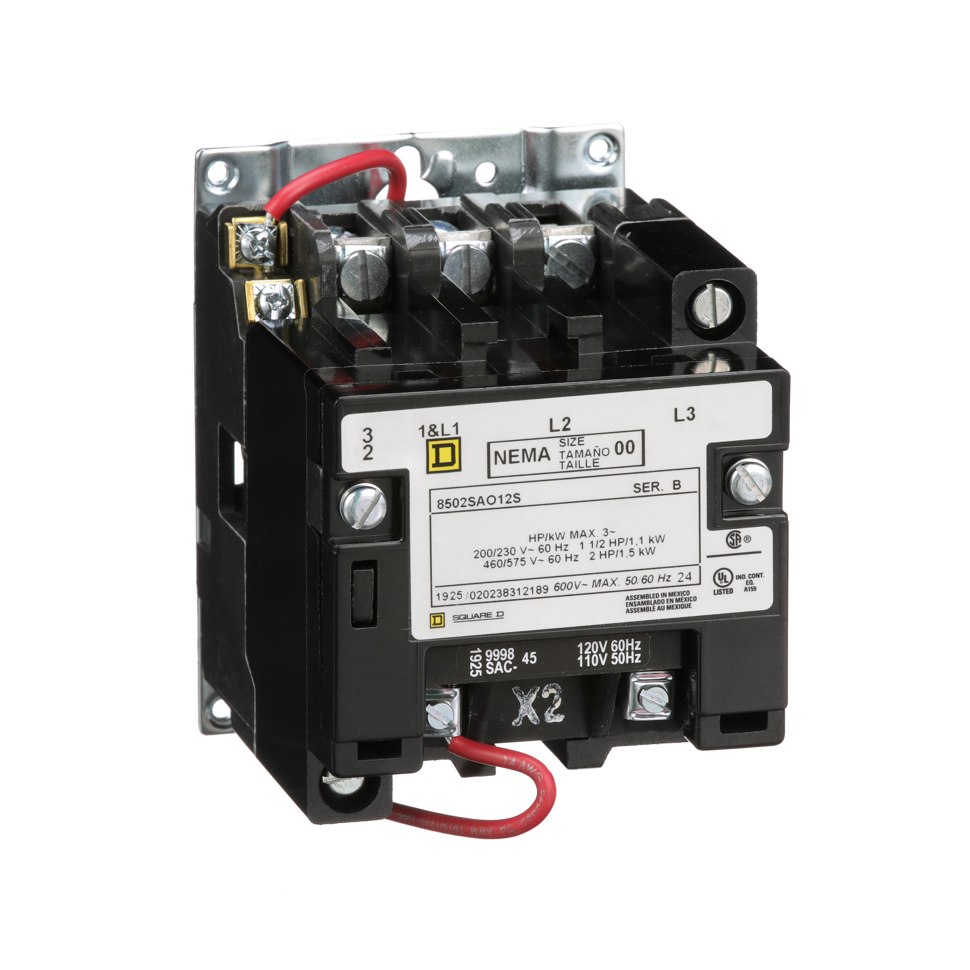 Square D,CONTACTOR 600VAC 9AMP NEMA +OPTIONS,00,208VAC@60Hz,3-Phase,3-Pole,8502S,Non-Reversing Contactor,Screw Clamp,UL Listed - CSA Certified,Used to switch heating loads, capacitors, transformer and electric motors where overload protection is provided separately,no indicator