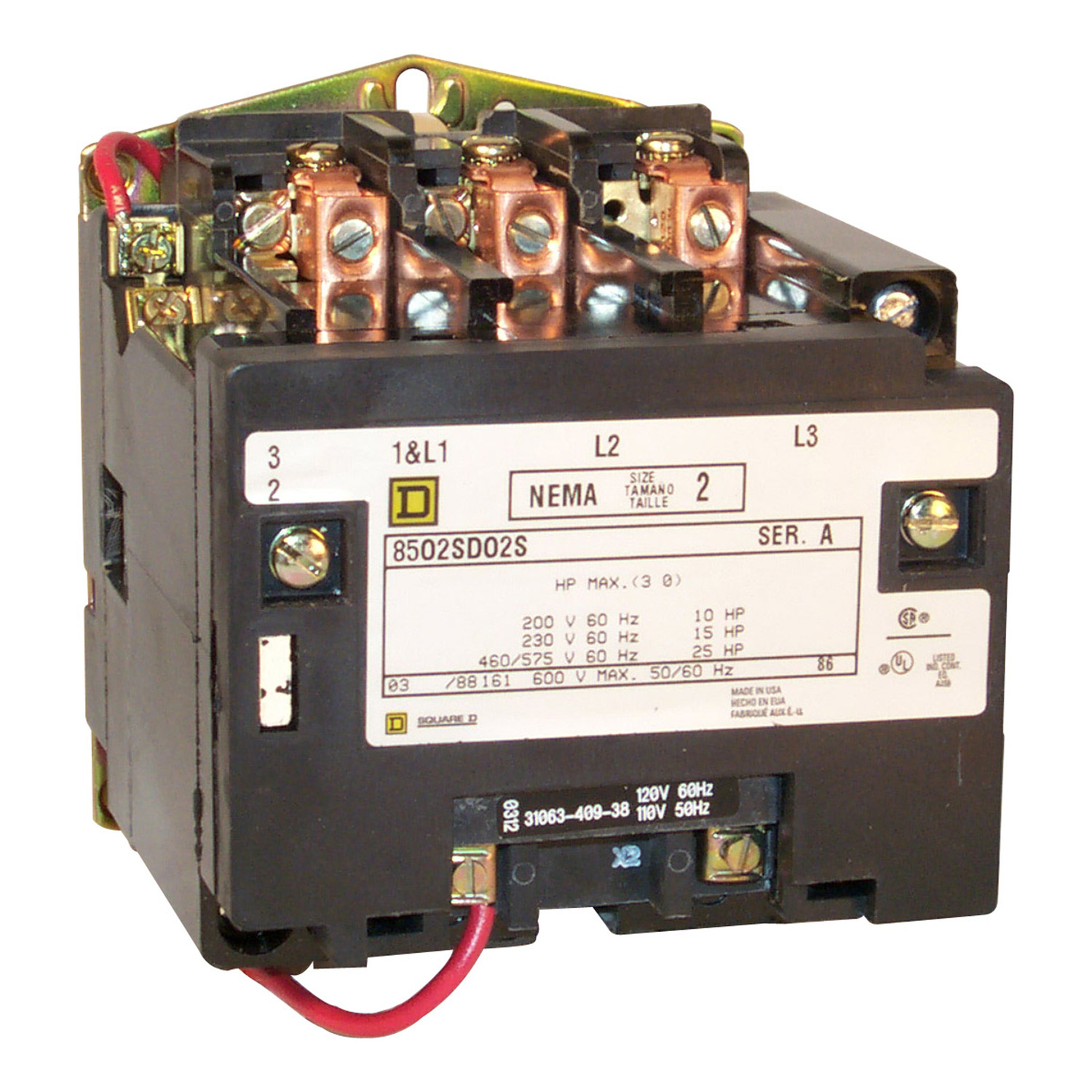 NEMA Contactor, Type S, nonreversing, Size 2, 45A, 7.5HP at 230VAC, 1 phase, up to 100kA, 2 pole, 120VAC coil, open