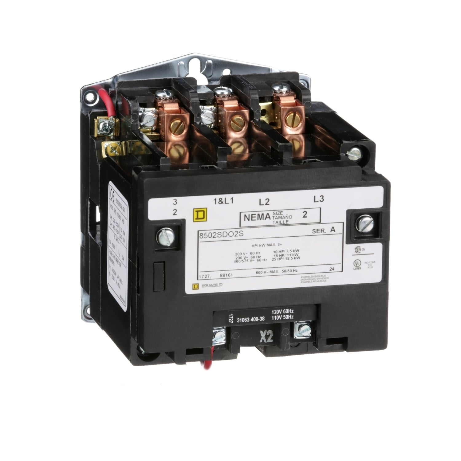 NEMA Contactor, Type S, nonreversing, Size 2, 45A, 25 HP at 575 VAC, 3 phase, up to 100 kA, 3 pole, 120 VAC coil, open [TAA]