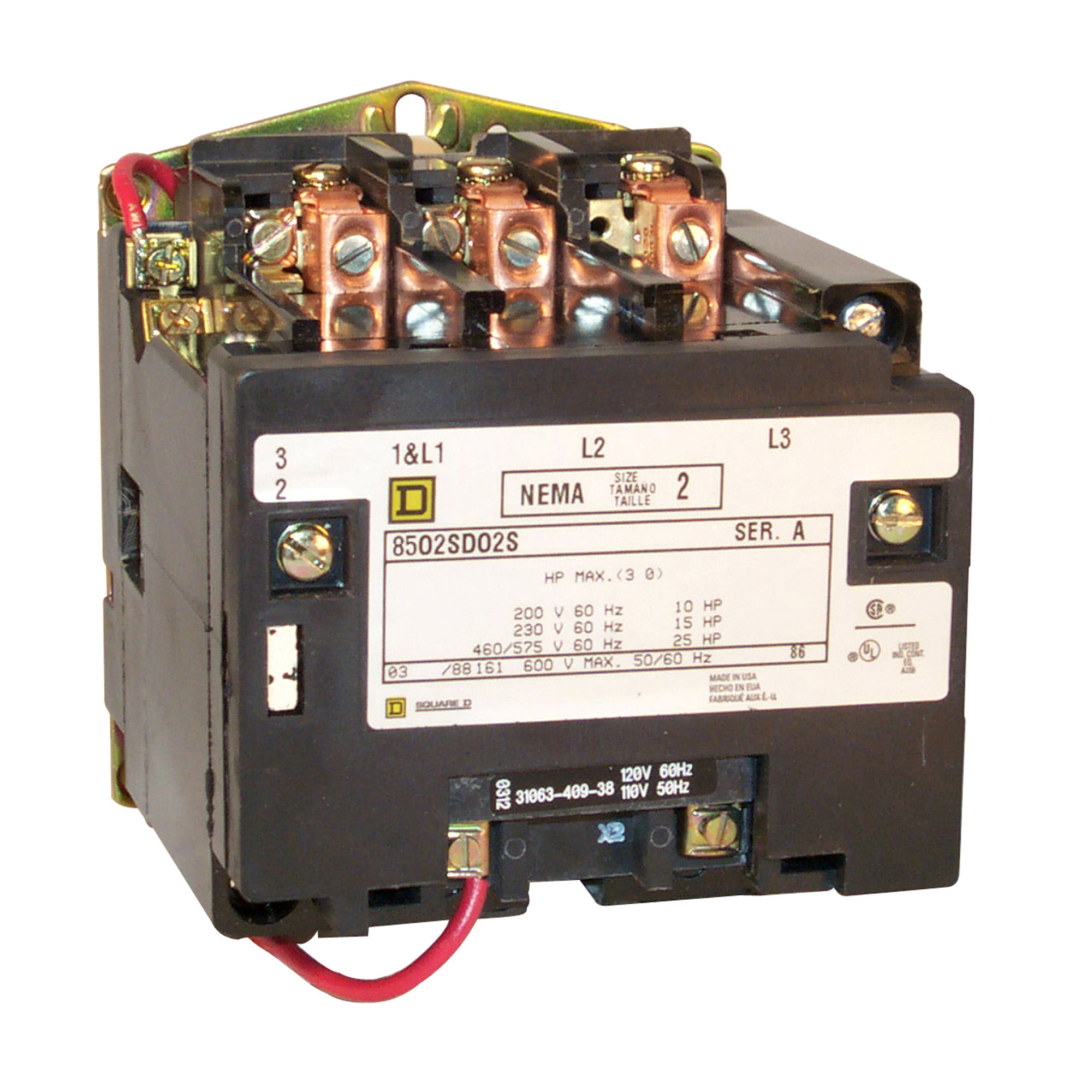 NEMA Contactor, Type S, nonreversing, Size 2, 45A, 25 HP at 575 VAC, 3 phase, up to 100 kA, 4 pole, 120 VAC coil, open