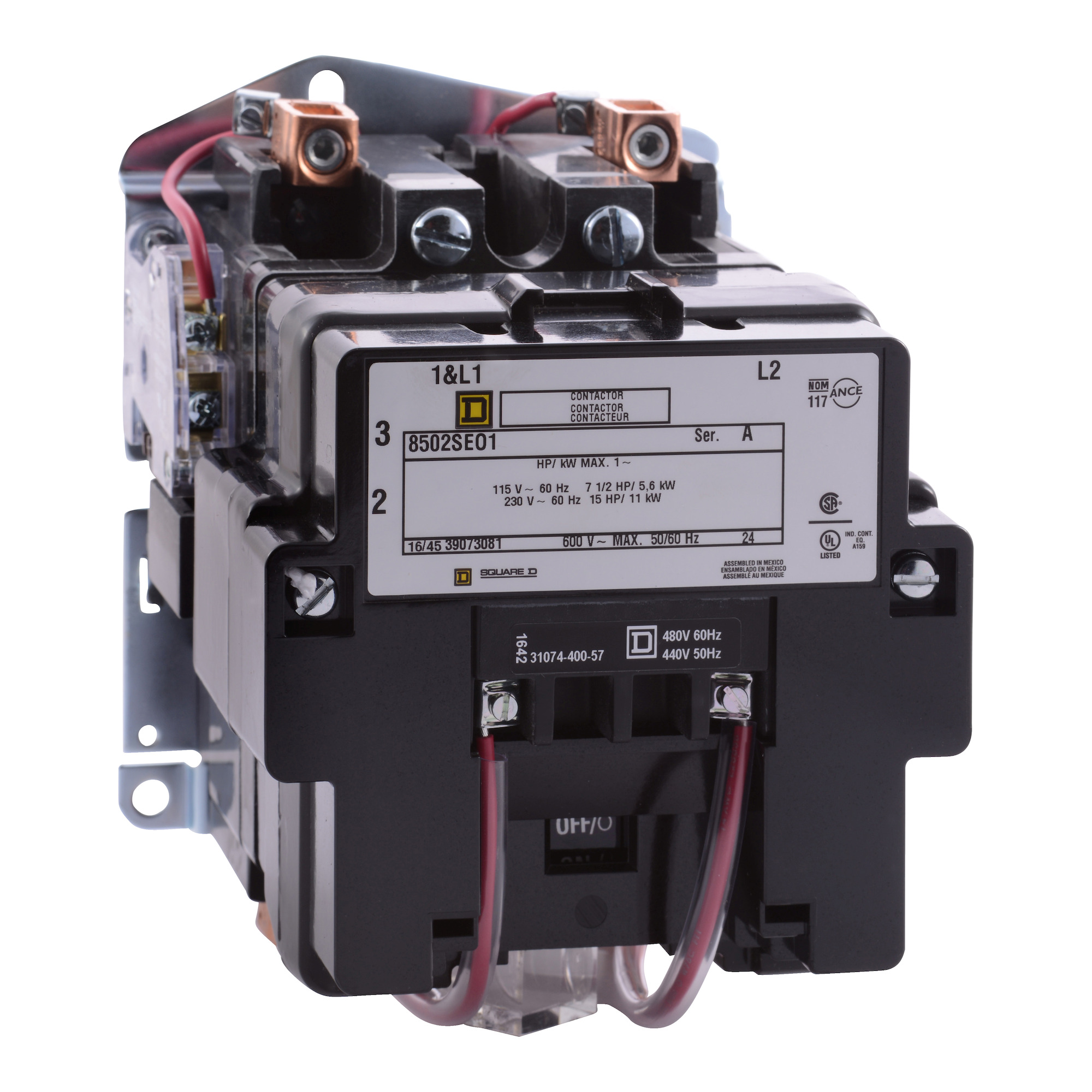 NEMA Contactor, Type S, nonreversing, Size 3, 90A, 1 phase, up to 100 kA, 2 pole, 480 VAC coil, open