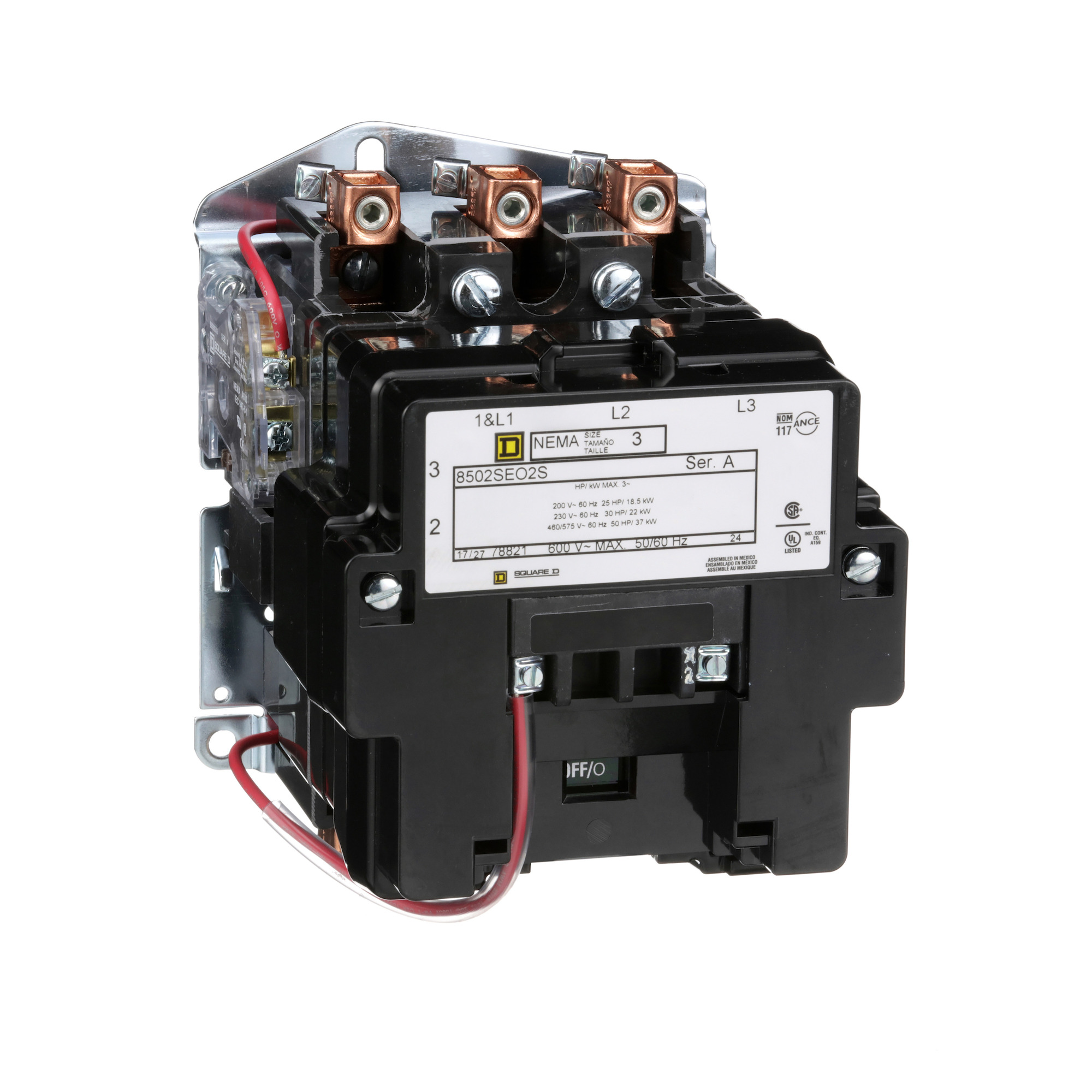 NEMA Contactor, Type S, nonreversing, Size 3, 90A, 50 HP at 575 VAC, 3 phase, up to 100 kA, 3 pole, 24 VAC coil, open