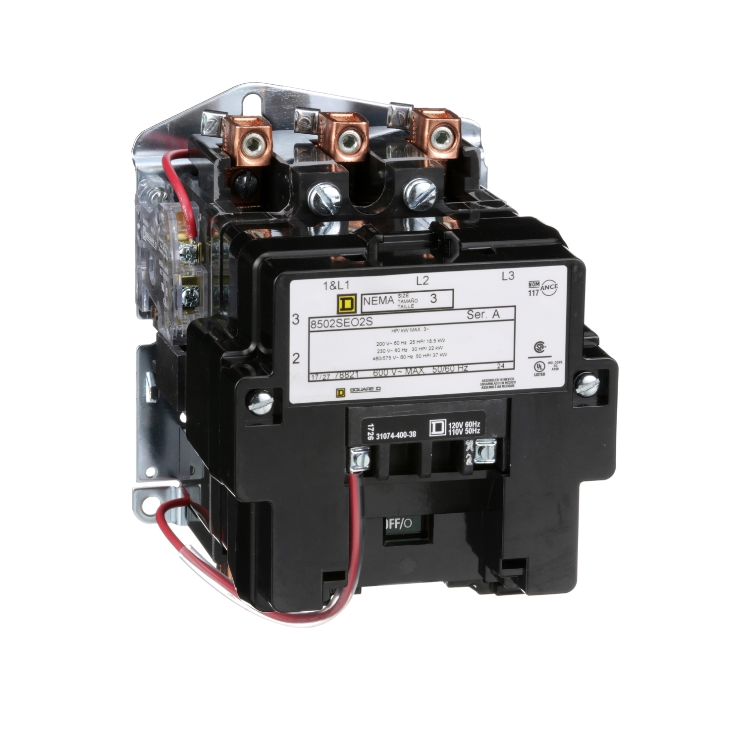 NEMA Contactor, Type S, nonreversing, Size 3, 90A, 50 HP at 575 VAC, 3 phase, up to 100 kA, 3 pole, 480 VAC coil, open [TAA]