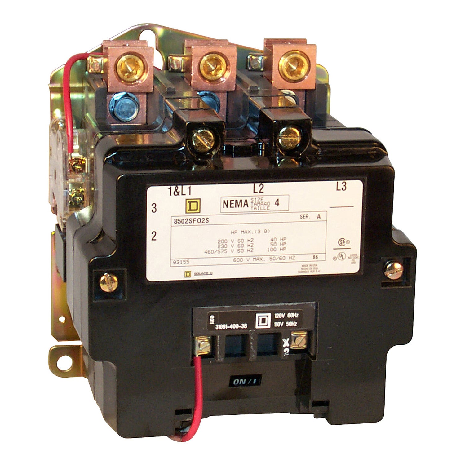 NEMA Contactor, Type S, nonreversing, Size 4, 135A, 1 phase, up to 100kA, 2 pole, 120VAC coil, open