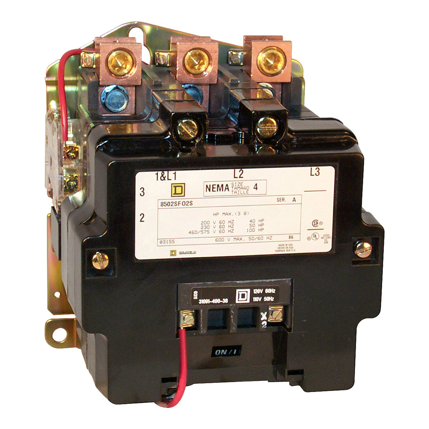 NEMA Contactor, Type S, nonreversing, Size 4, 135A, 100 HP at 575 VAC, 3 phase, up to 100 kA, 3 pole, 240 VAC coil, open