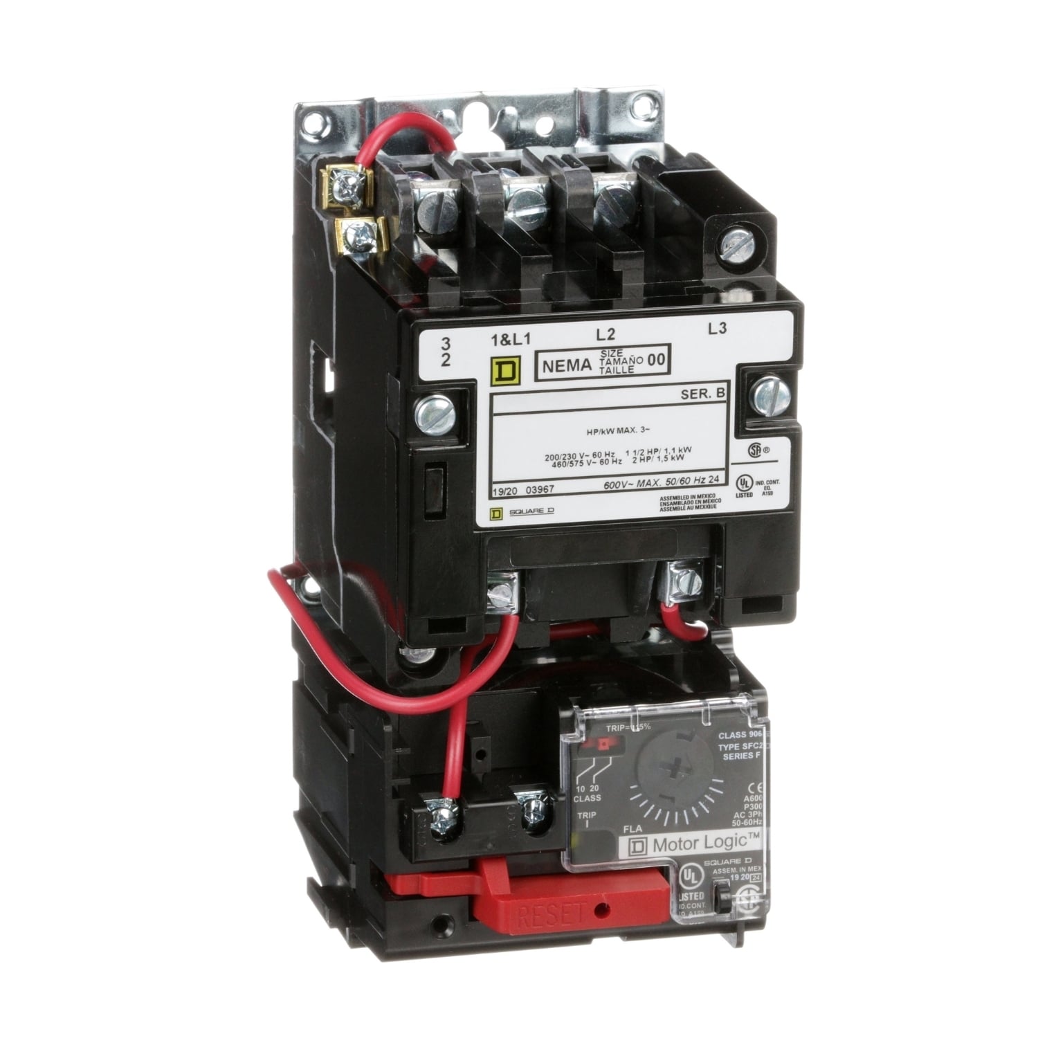 NEMA motor starter, Type S, nonreversing, Size 00, 9A, 2HP at 460VAC, up to 100kA SCCR, 3 phase, 3 pole, Motor Logic, 120VAC coil, open [TAA]