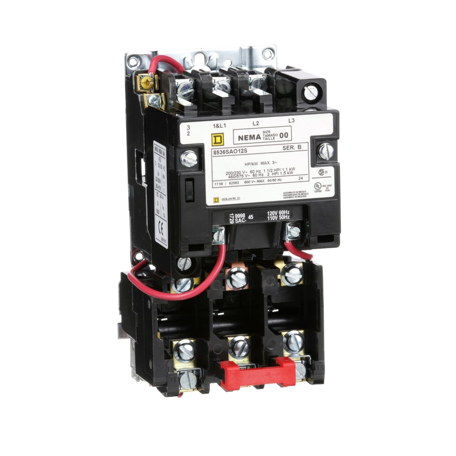 NEMA motor starter, Type S, nonreversing, Size 00, 9A, 2HP at 460VAC, 5kA SCCR, 3 phase, 3 pole, melting alloy, 120VAC coil, open [TAA]