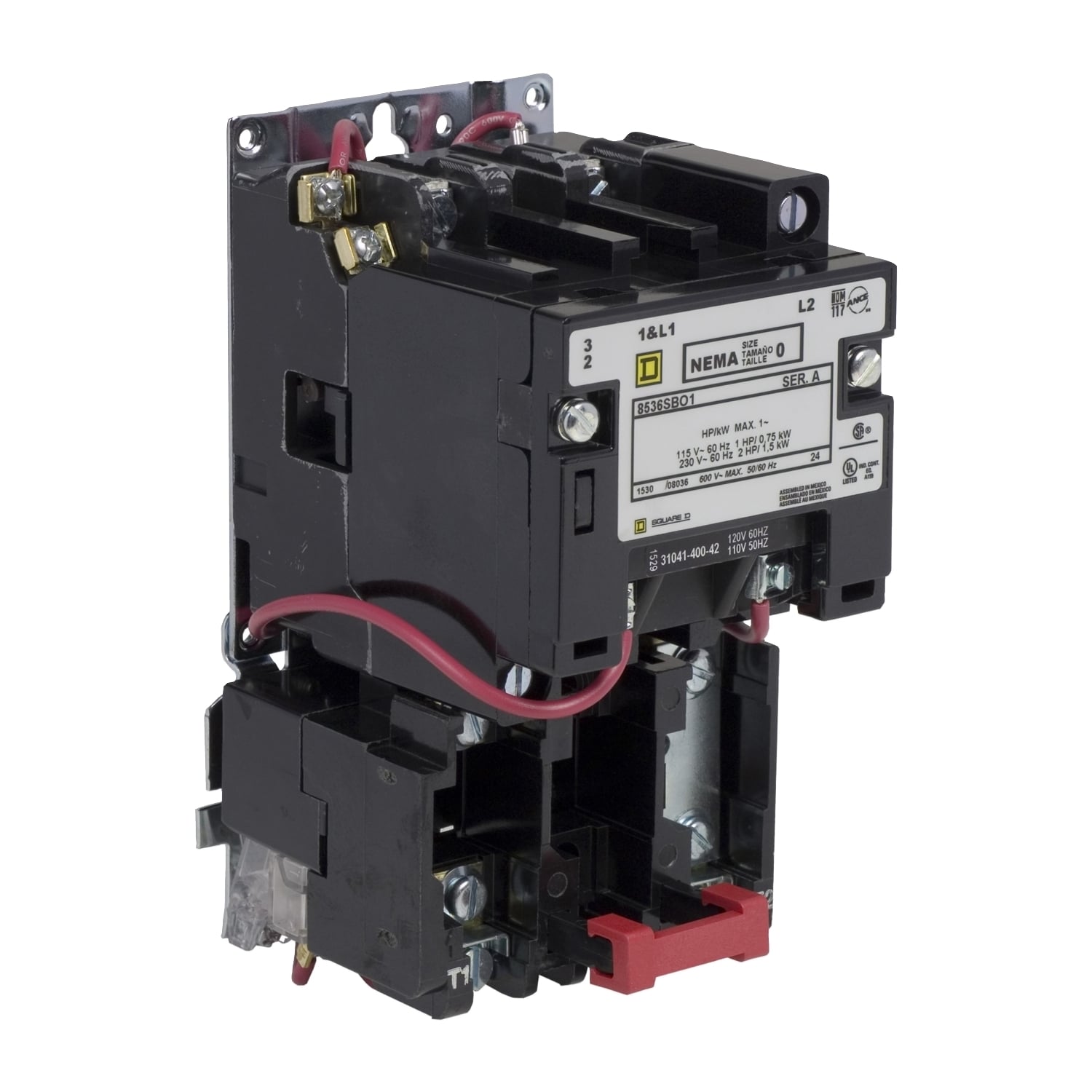 NEMA Motor Starter, Type S, nonreversing, Size 0, 18A, 2 HP at 230 VAC, 5 kA SCCR, 1 phase, 2 pole, melting alloy, 120 VAC coil, open [TAA]