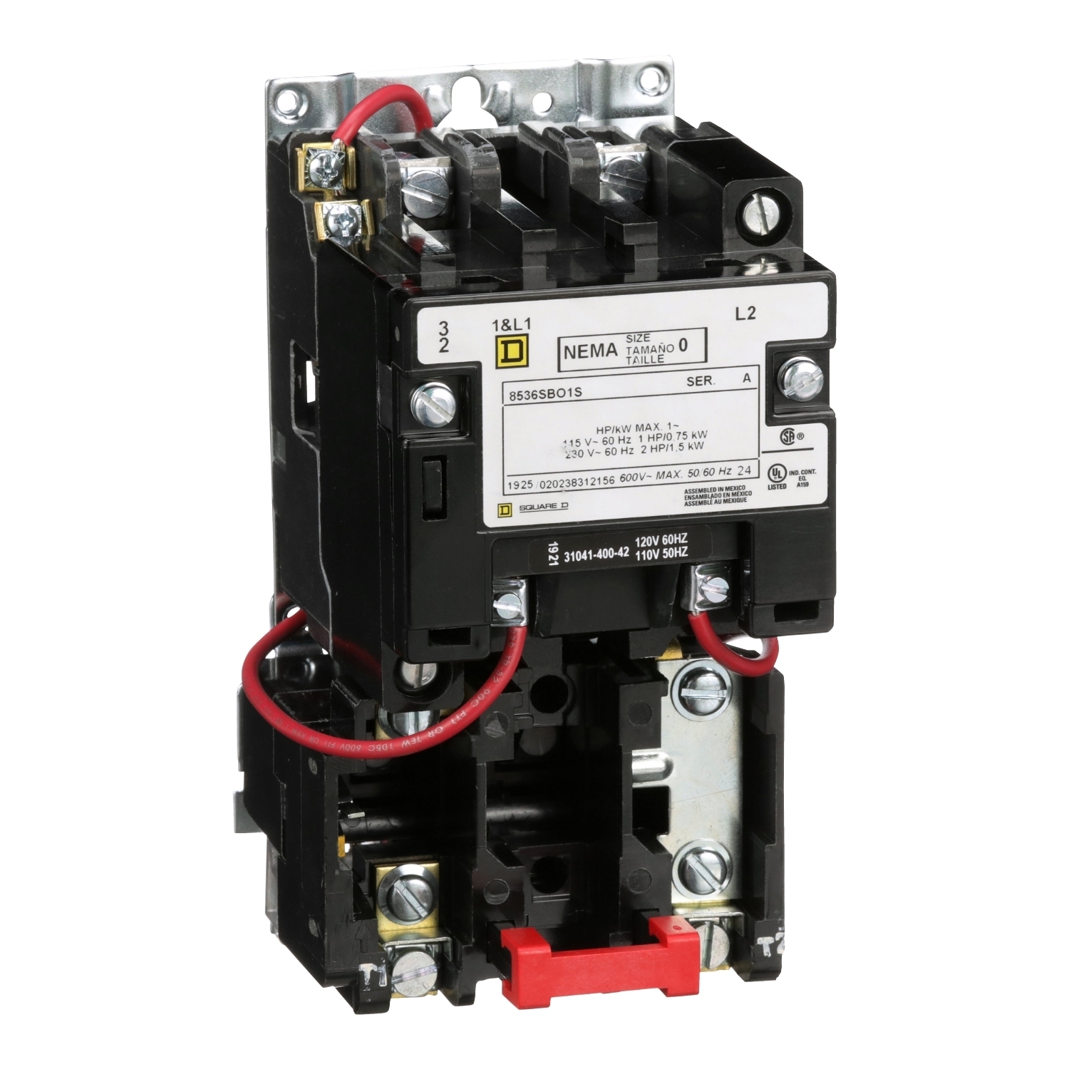 NEMA motor starter, Type S, nonreversing, Size 0, 18A, 2HP at 230VAC, 5kA SCCR, 1 phase, 2 pole, melting alloy, 120VAC coil, open [TAA]