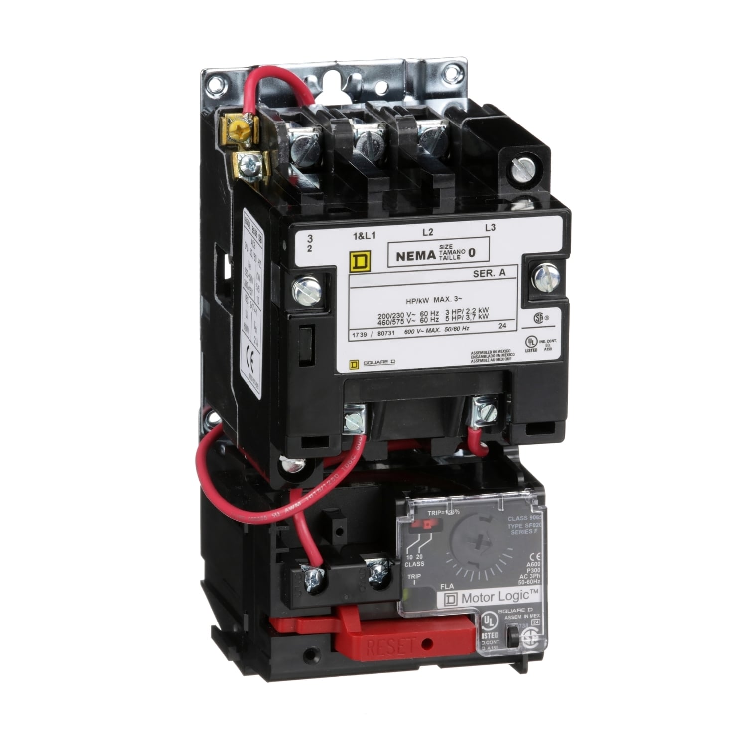 NEMA Motor Starter, Type S, nonreversing, Size 0, 18A, 5 HP at 460 VAC, up to 100 kA SCCR, 3 phase, 3 pole, Motor Logic, 120 VAC coil, open [TAA]