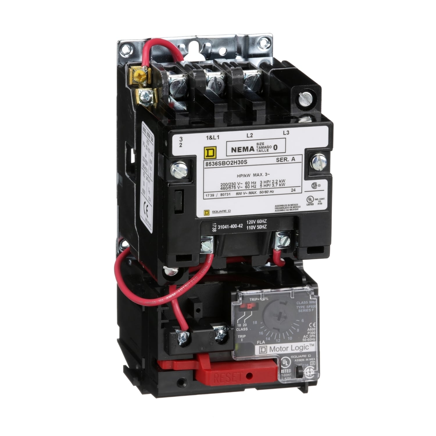 NEMA motor starter, Type S, nonreversing, Size 0, 18A, 5HP at 460VAC, up to 100kA SCCR, 3 phase, 3 pole, Motor Logic, 120VAC coil, open [TAA]