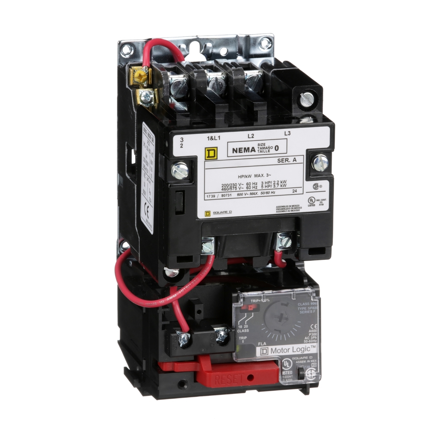 NEMA Motor Starter, Type S, nonreversing, Size 0, 18A, 5 HP at 460 VAC, up to 100 kA SCCR, 3 phase, 3 pole, Motor Logic, 120 VAC coil, open
