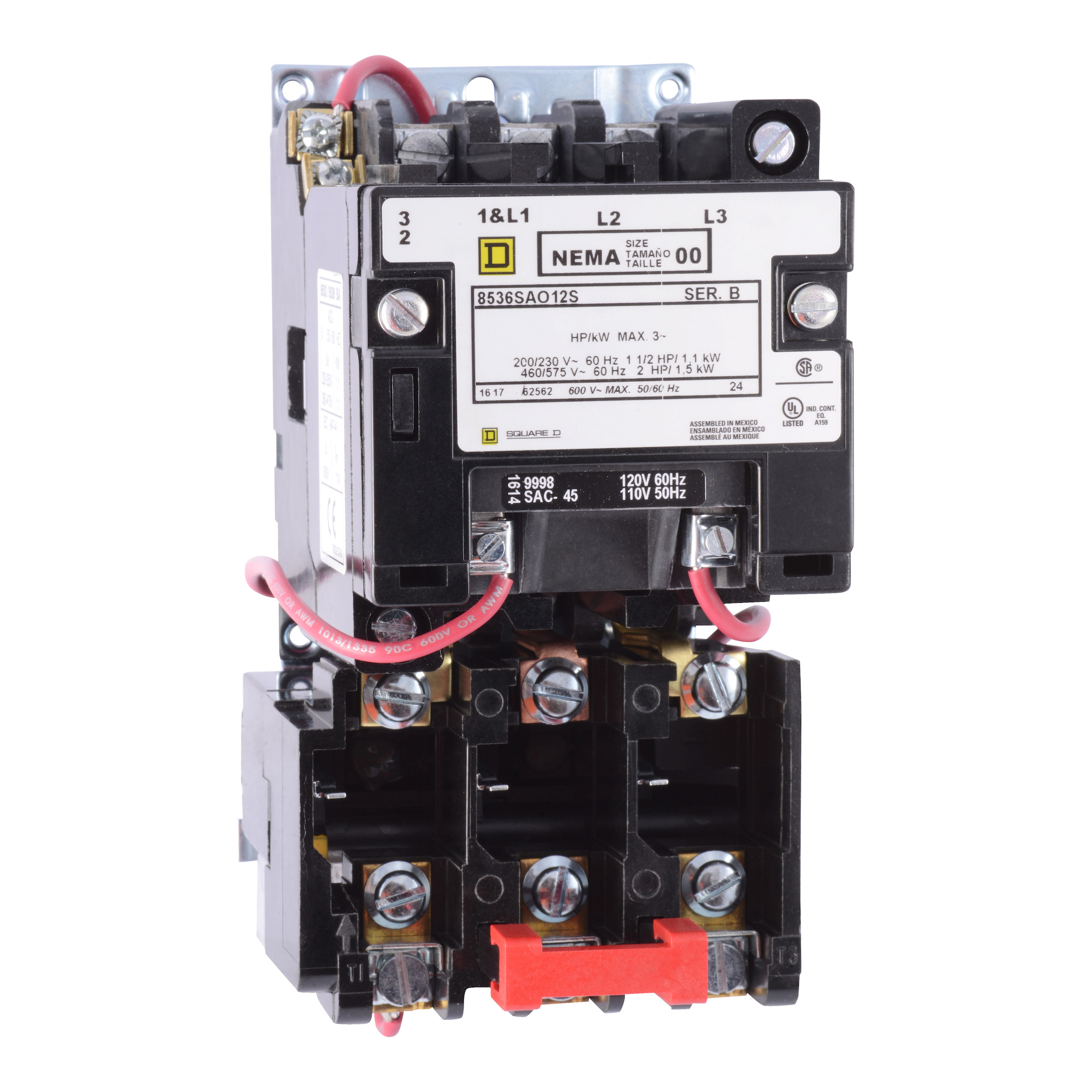 NEMA Motor Starter, Type S, nonreversing, Size 1, 27A, 3 HP at 230 VAC, 5 kA SCCR, 1 phase, 2 pole, melting alloy, 120 VAC coil, open