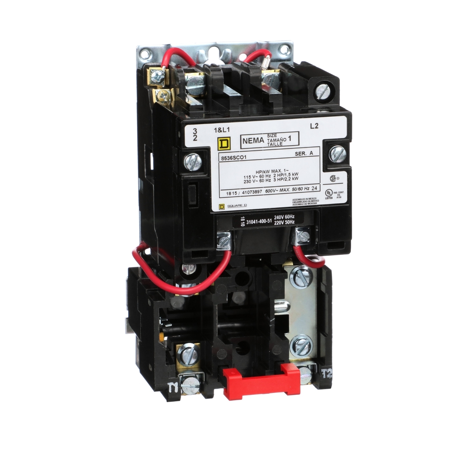 NEMA Motor Starter, Type S, nonreversing, Size 1, 27A, 3 HP at 230 VAC, 5 kA SCCR, 1 phase, 2 pole, melting alloy, 240 VAC coil, open