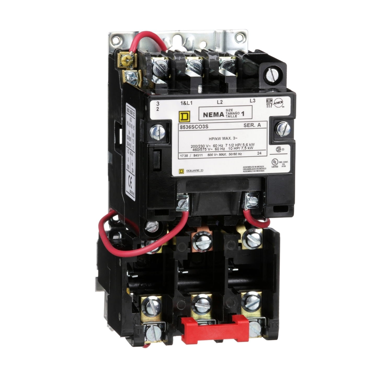 NEMA motor starter, Type S, nonreversing, Size 1, 27A, 10HP at 460VAC, 5kA SCCR, 3 phase, 3 pole, melting alloy, 24VAC coil, open [TAA]