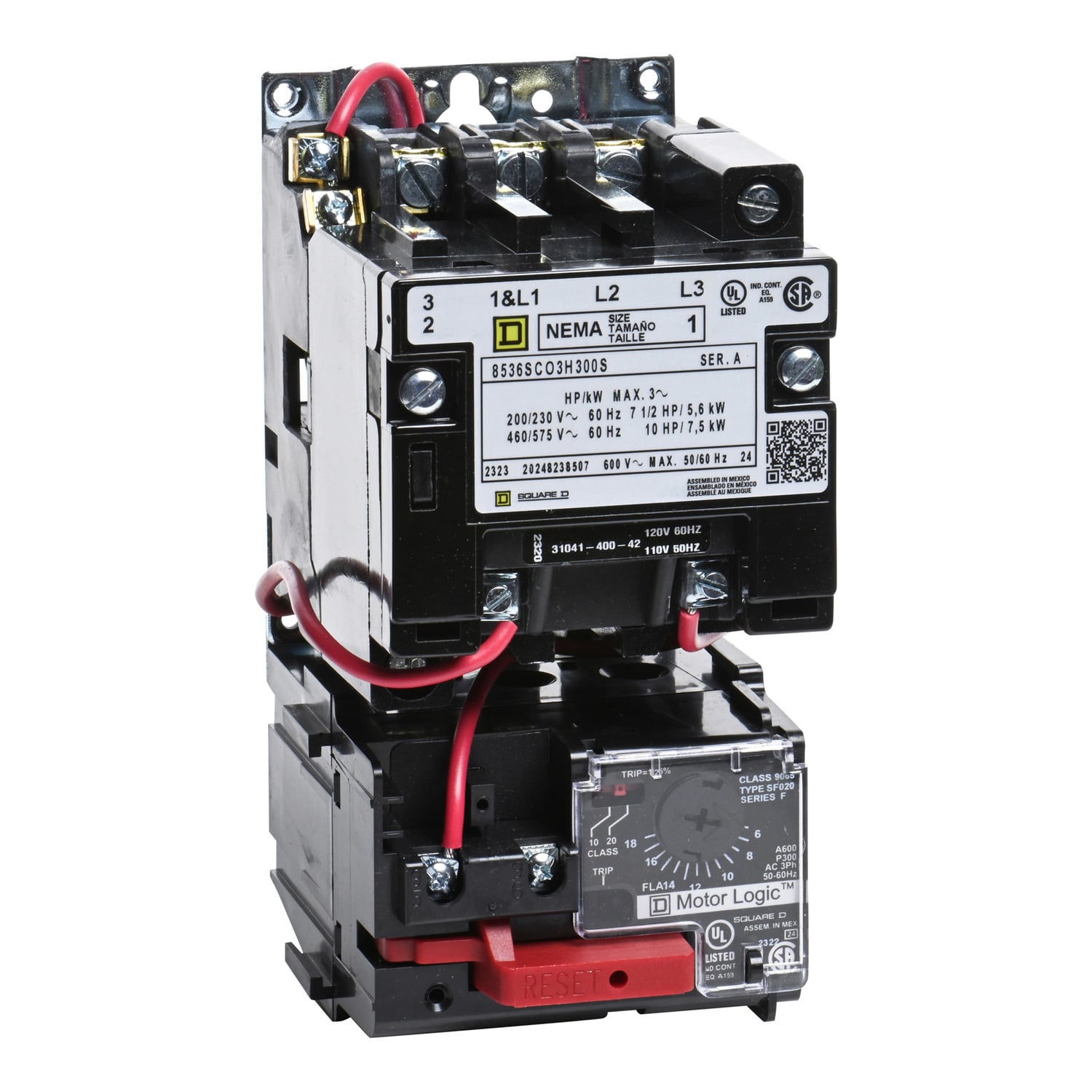 NEMA motor starter, Type S, nonreversing, Size 1, 27A, 10HP at 460VAC, up to 100kA SCCR, 3 phase, 3 pole, Motor Logic, 120VAC coil, open [TAA]