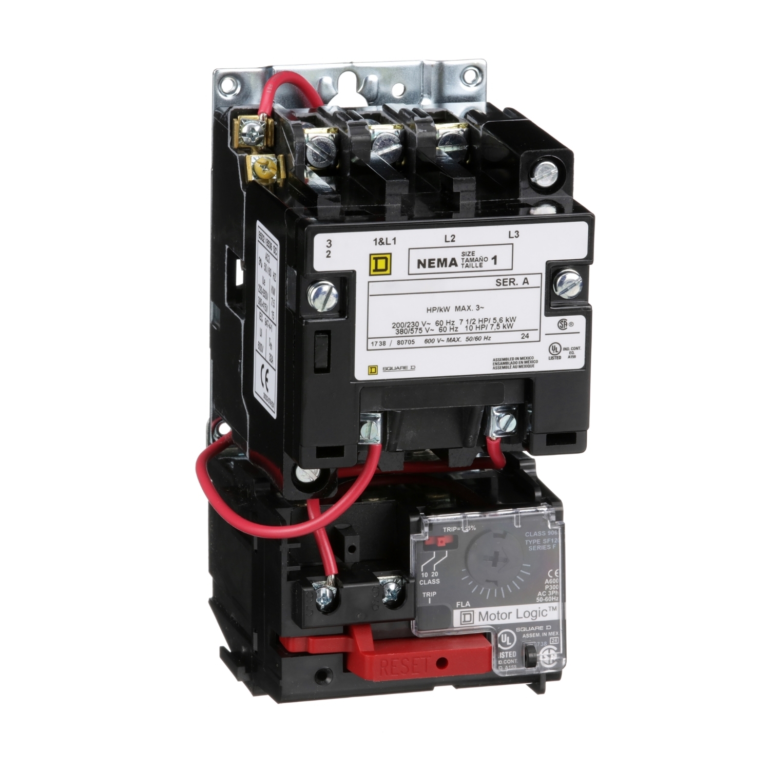 NEMA motor starter, Type S, nonreversing, Size 1, 27A, 10HP at 460VAC, up to 100kA SCCR, 3 phase, 3 pole, Motor Logic, 120VAC coil, open