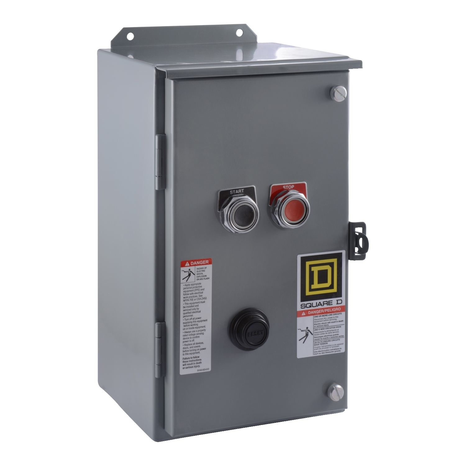 NEMA Motor Starter, Type S, nonreversing, Size 2, 45A, 25 HP at 460 VAC, 5 kA SCCR, 3 phase, 3 pole, melting alloy, 120 VAC coil, NEMA 12