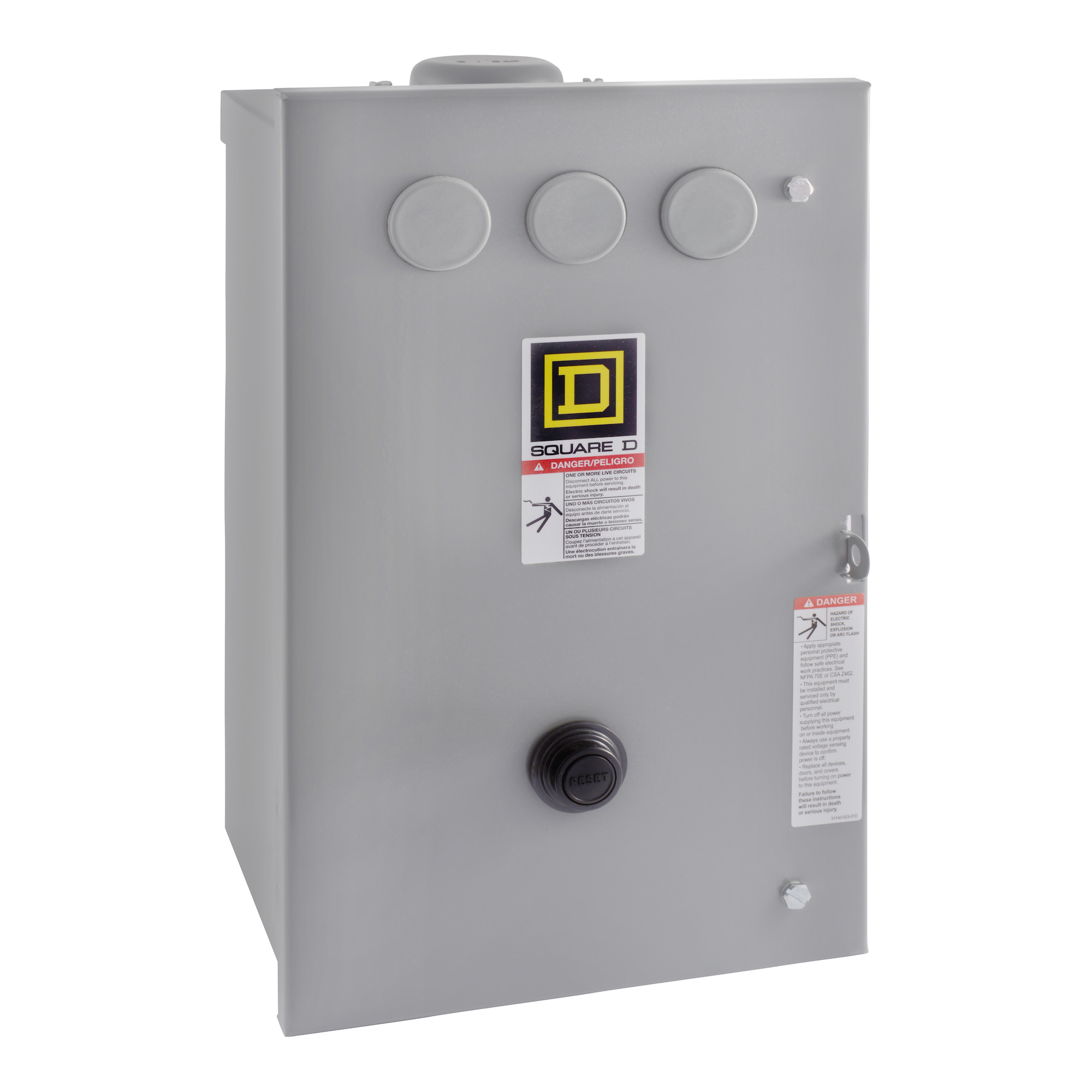 Square D,STARTER 600VAC 45AMP NEMA +OPTIONS,10HP@200VAC - 15HP@230VAC - 25HP@460/575VAC,2,240VAC@60Hz - 220VAC@50Hz,3-Phase,3P,45 A,600VAC,Box Lug,NEMA 3R,Non-Reversing Starter,S,Thermal - Melting Alloy,UL Listed - CSA Certified,Used for Full-Voltage Starting and Stopping of AC Squirrel Cage Motors