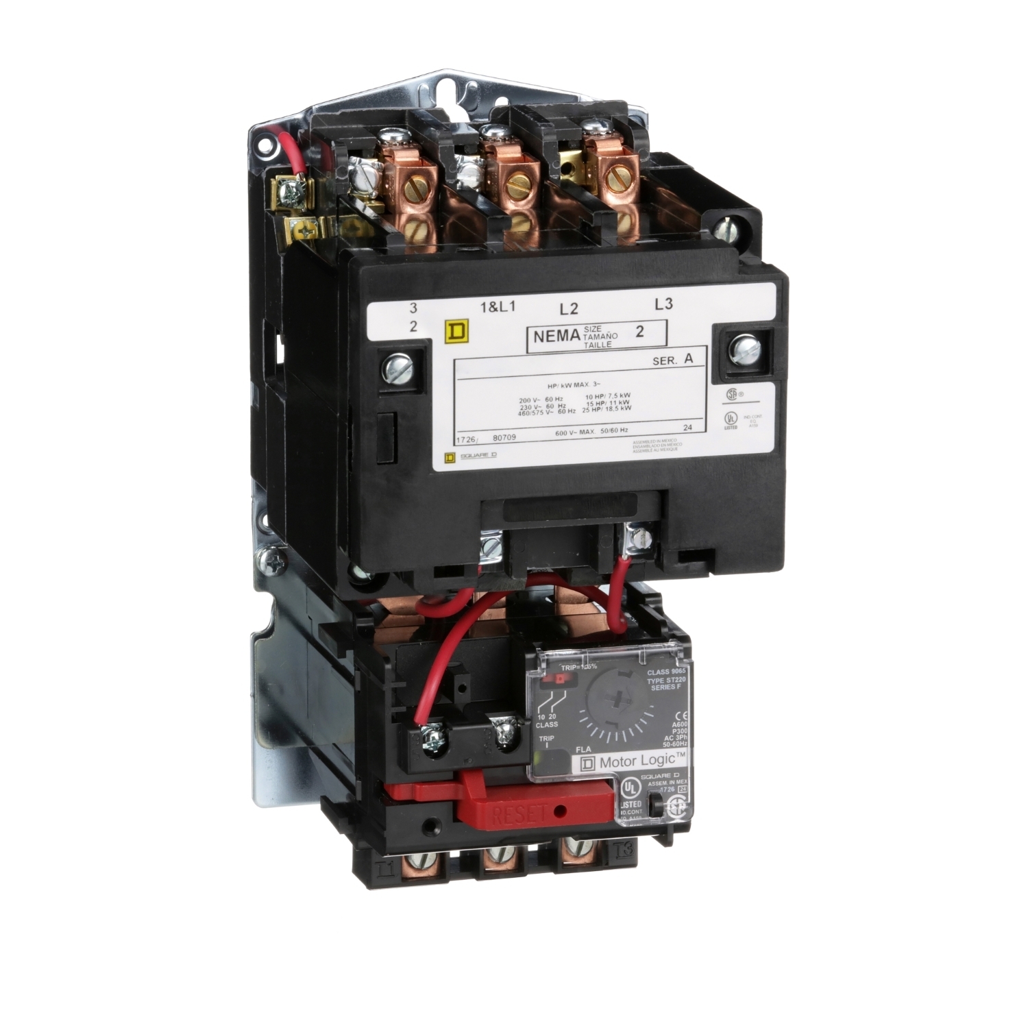 NEMA motor starter, Type S, nonreversing, Size 2, 45A, 25HP at 460VAC, up to 100kA SCCR, 3 phase, 3 pole, Motor Logic, 120VAC coil, open
