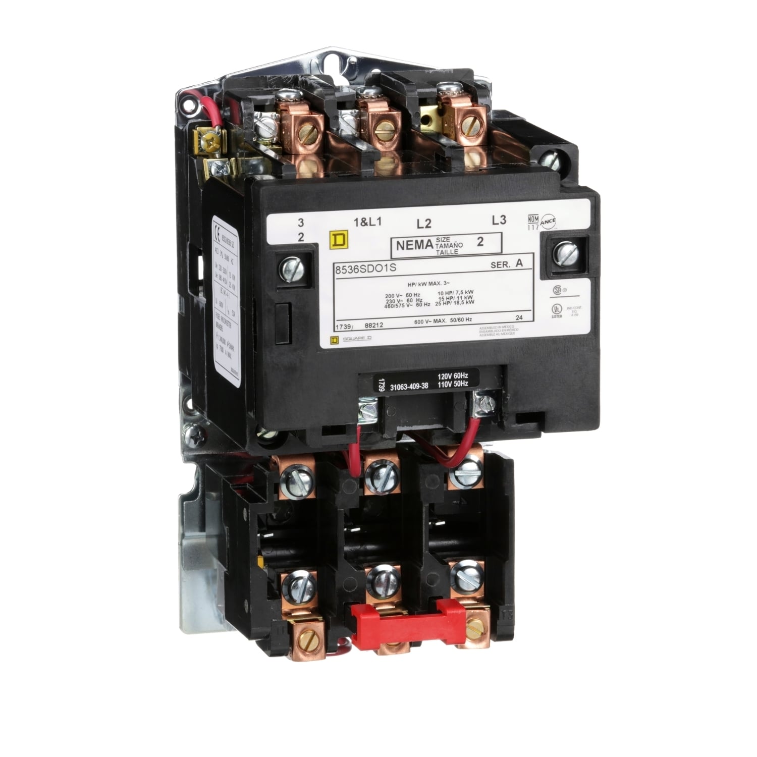 NEMA motor starter, Type S, nonreversing, Size 2, 45A, 25HP at 460VAC, 5kA SCCR, 3 phase, 3 pole, melting alloy, 120VAC coil, open [TAA]