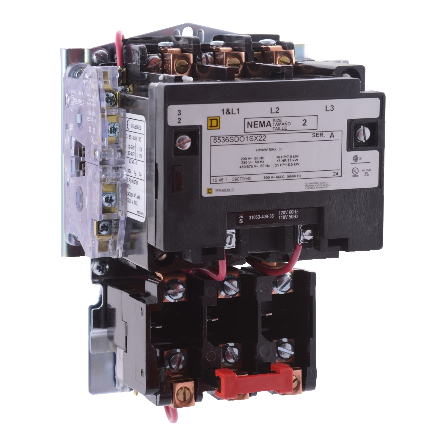 NEMA Motor Starter, Type S, nonreversing, Size 2, 45A, 25 HP at 460 VAC, 5 kA SCCR, 3 phase, 3 pole, melting alloy, 120 VAC coil, open