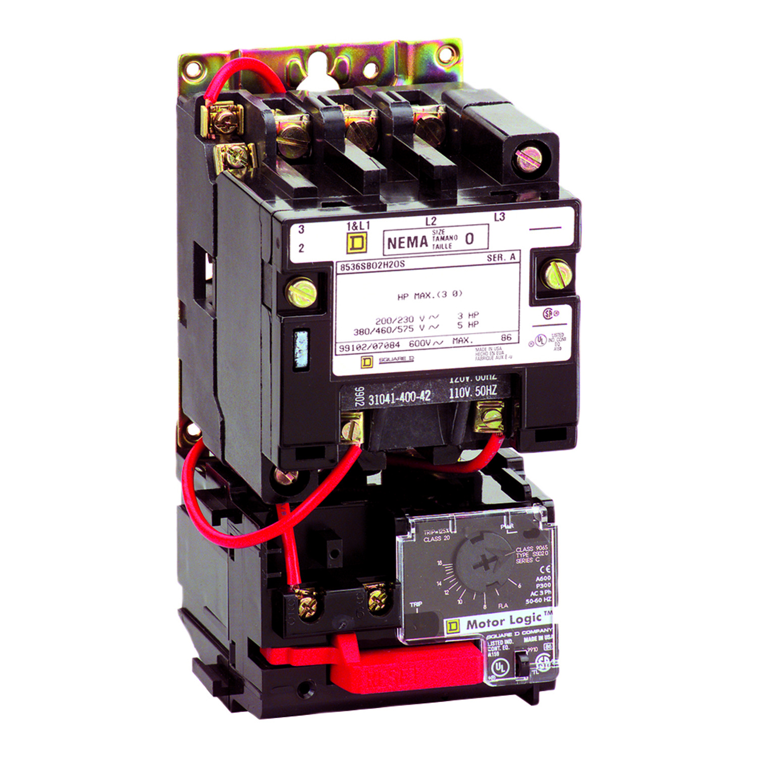 NEMA motor starter, Type S, nonreversing, Size 2, 45A, 25HP at 460VAC, up to 100kA SCCR, 3 phase, 3 pole, Motor Logic, 240VAC coil, open [TAA]