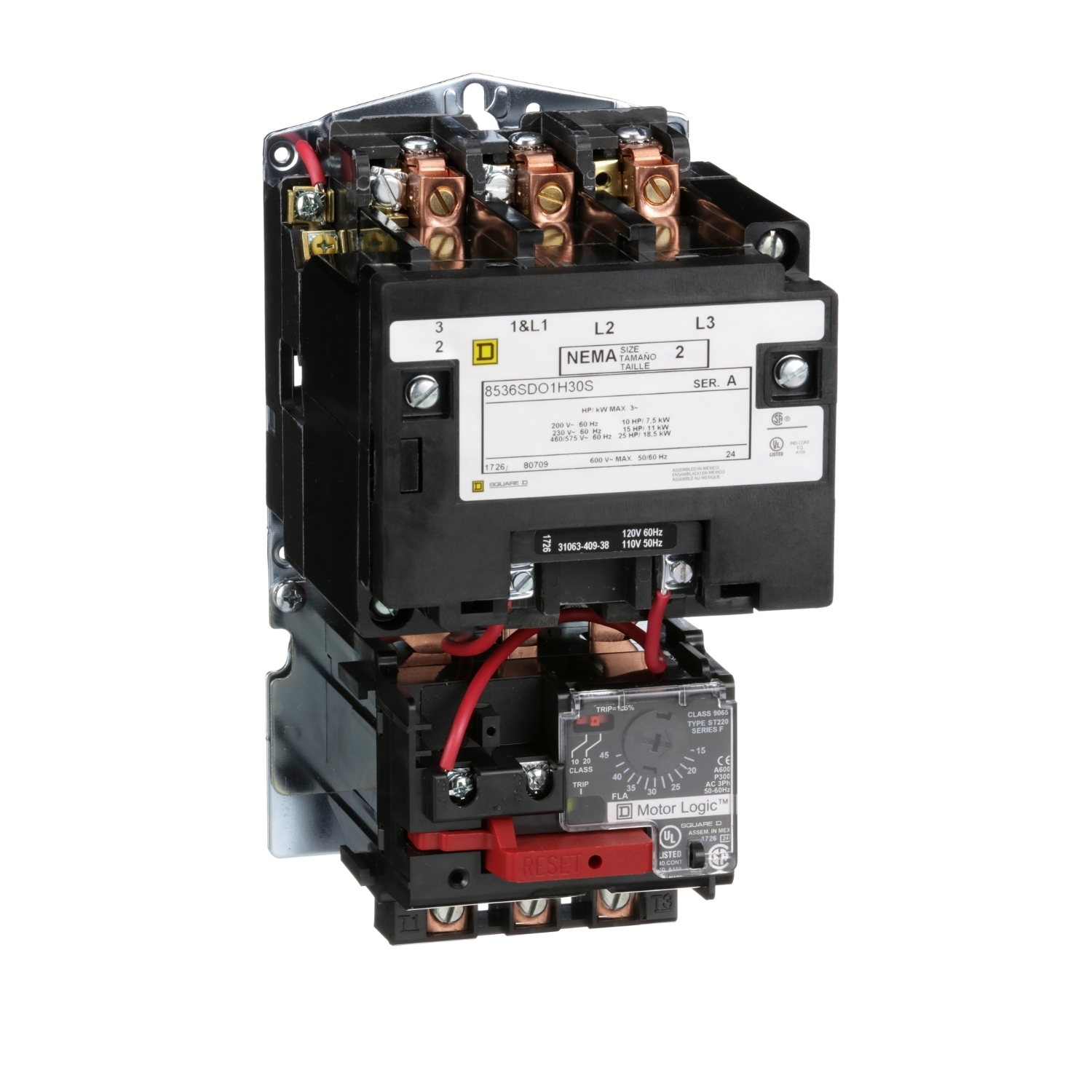 NEMA motor starter, Type S, nonreversing, Size 2, 45A, 25HP at 460VAC, up to 100kA SCCR, 3 phase, 3 pole, Motor Logic, 480VAC coil, open [TAA]