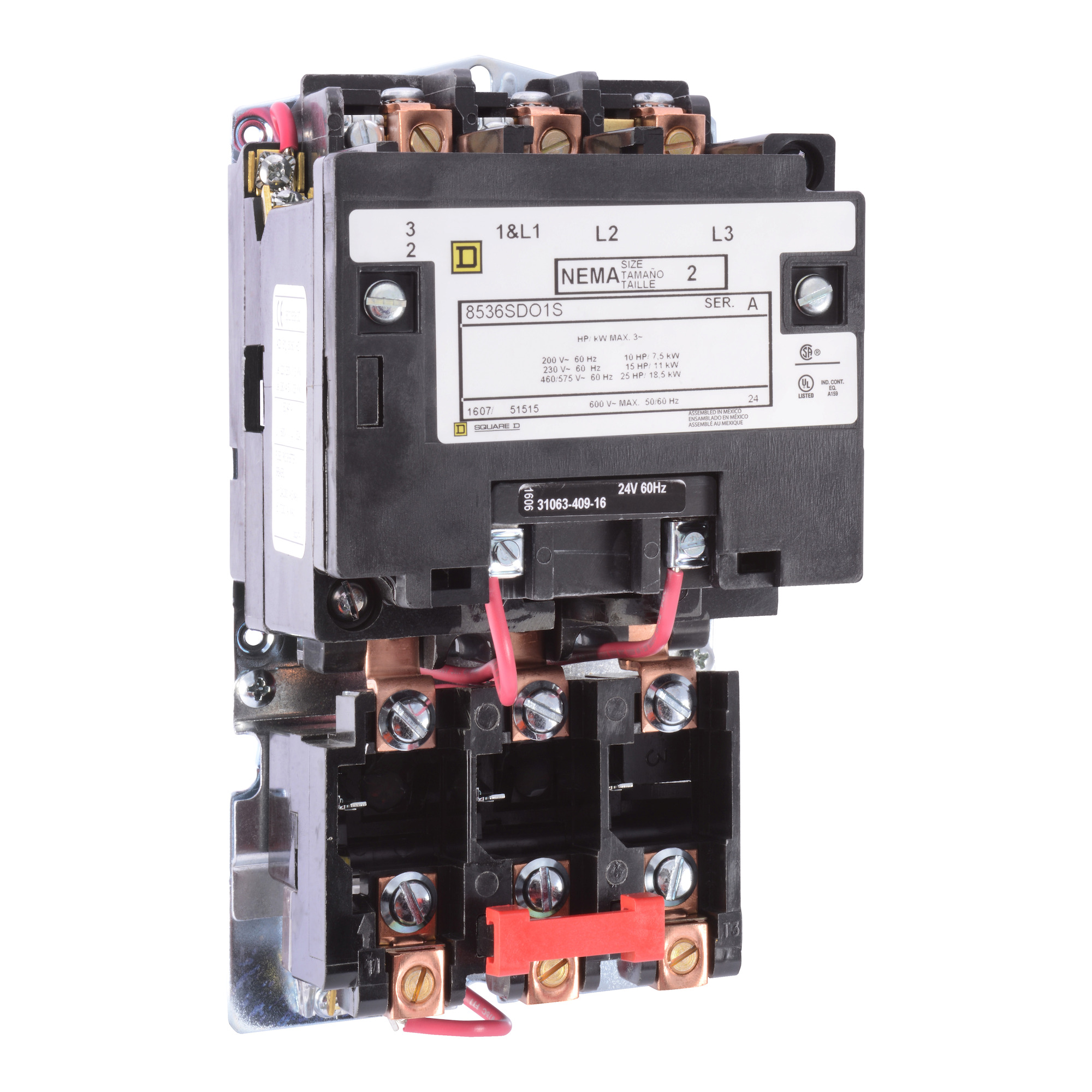 NEMA Motor Starter, Type S, nonreversing, Size 2, 45A, 25 HP at 460 VAC, 5 kA SCCR, 2 phase, 4 pole, melting alloy, 208 VAC coil, open