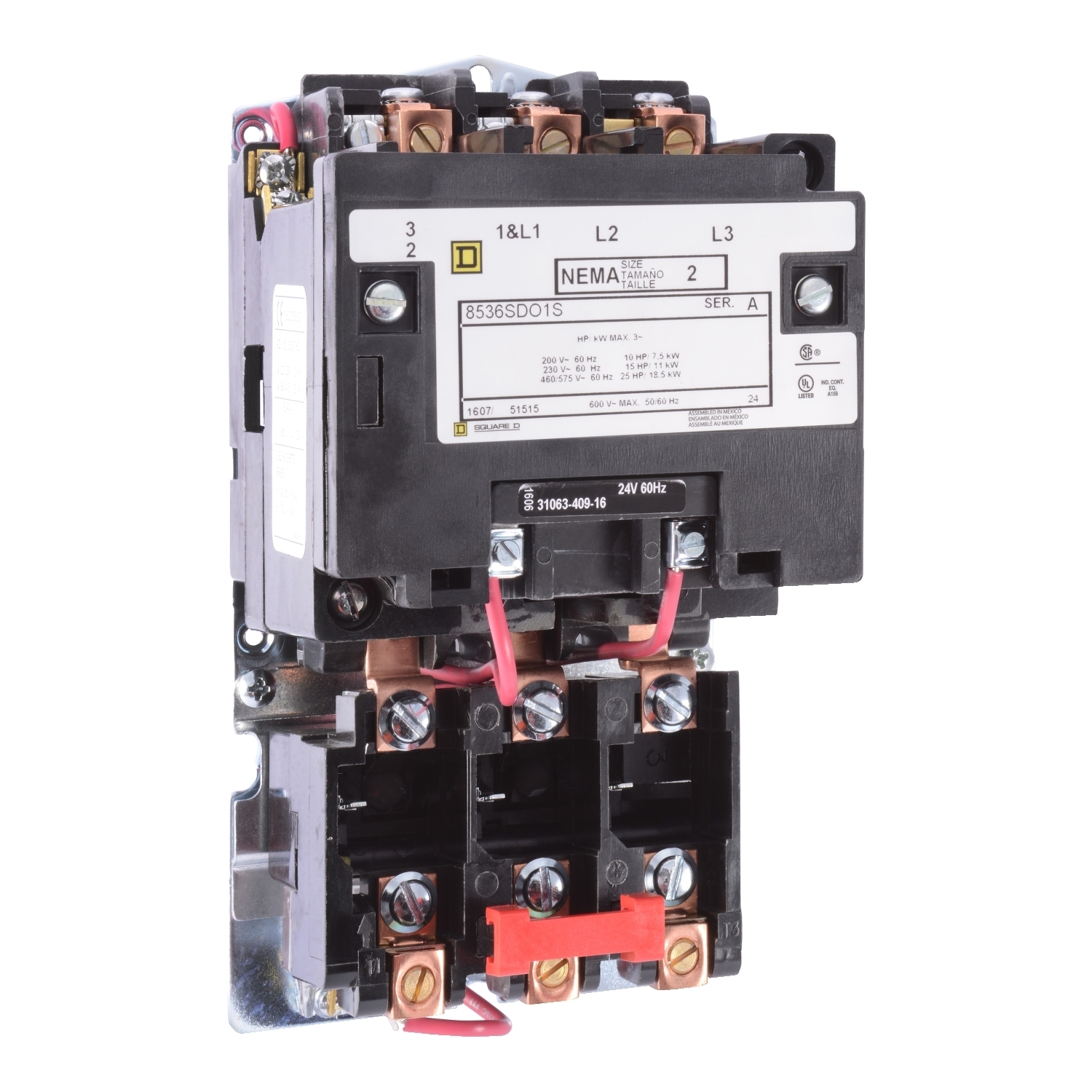 NEMA Motor Starter, Type S, nonreversing, Size 2, 45A, 7.5 HP at 230 VAC, 5 kA SCCR, 1 phase, 2 pole, melting alloy, 120 VAC coil, open [TAA]