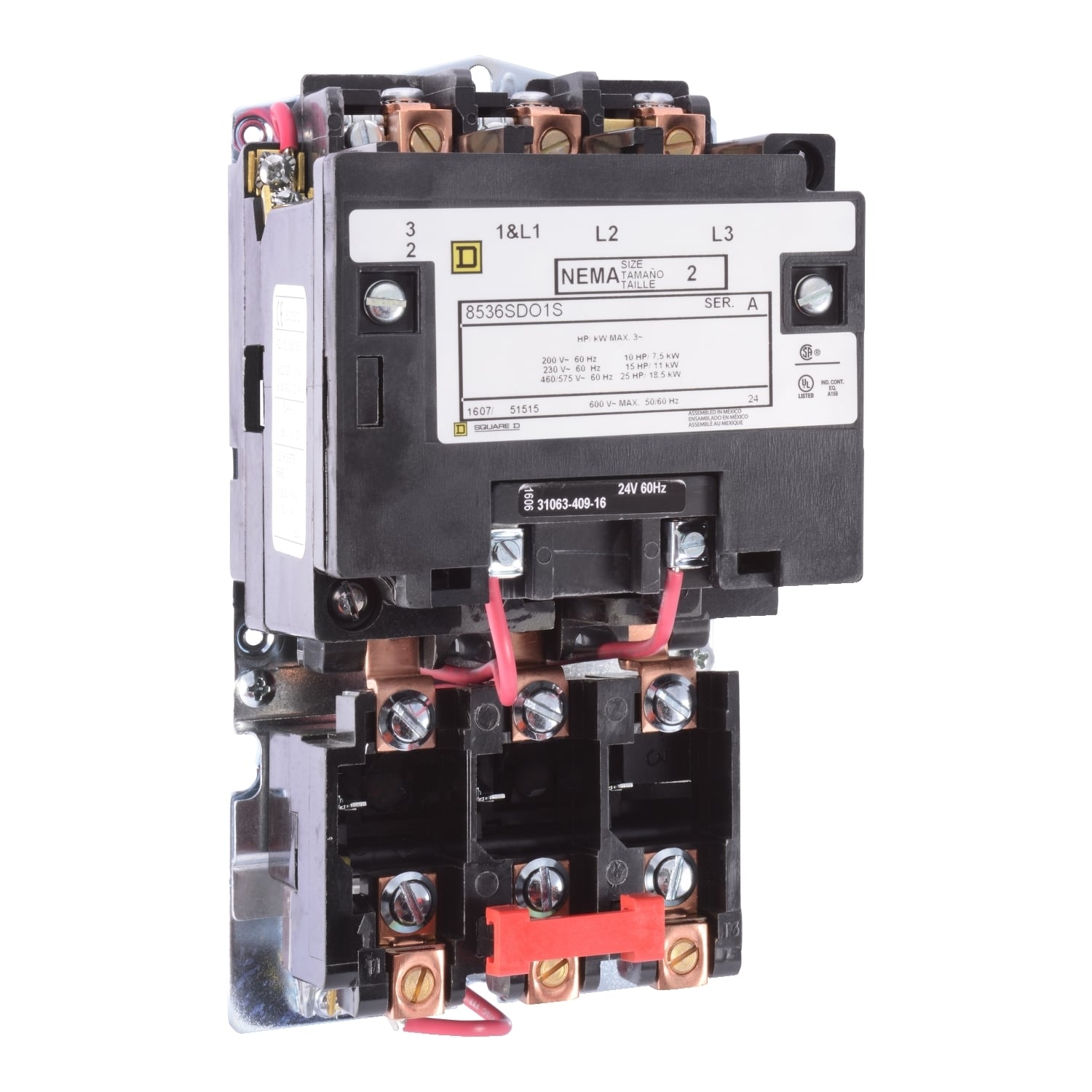 NEMA Motor Starter, Type S, nonreversing, Size 2, 45A, 7.5 HP at 230 VAC, 5 kA SCCR, 1 phase, 2 pole, melting alloy, 240 VAC coil, open [TAA]