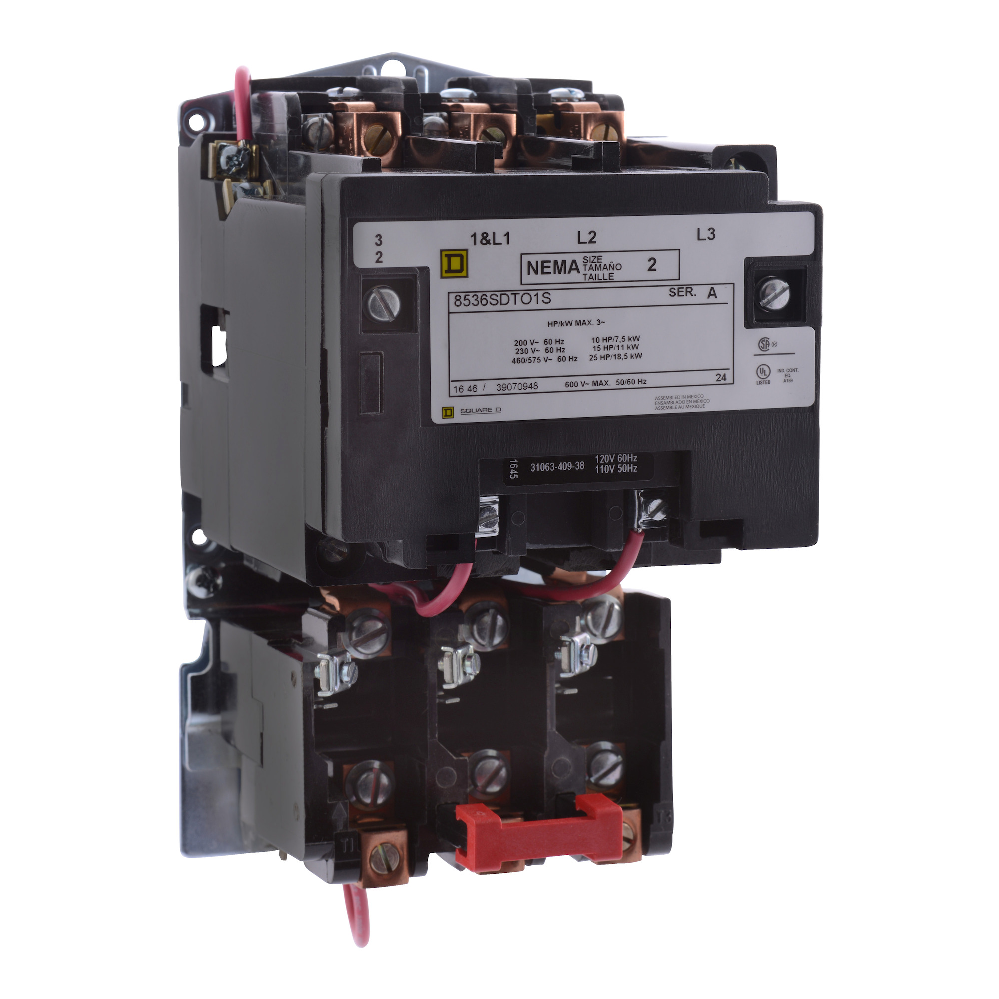 NEMA Motor Starter, Type S, nonreversing, Size 2, 45A, 25 HP at 460 VAC, 5 kA SCCR, 3 phase, 3 pole, melting alloy, 120 VAC coil, open