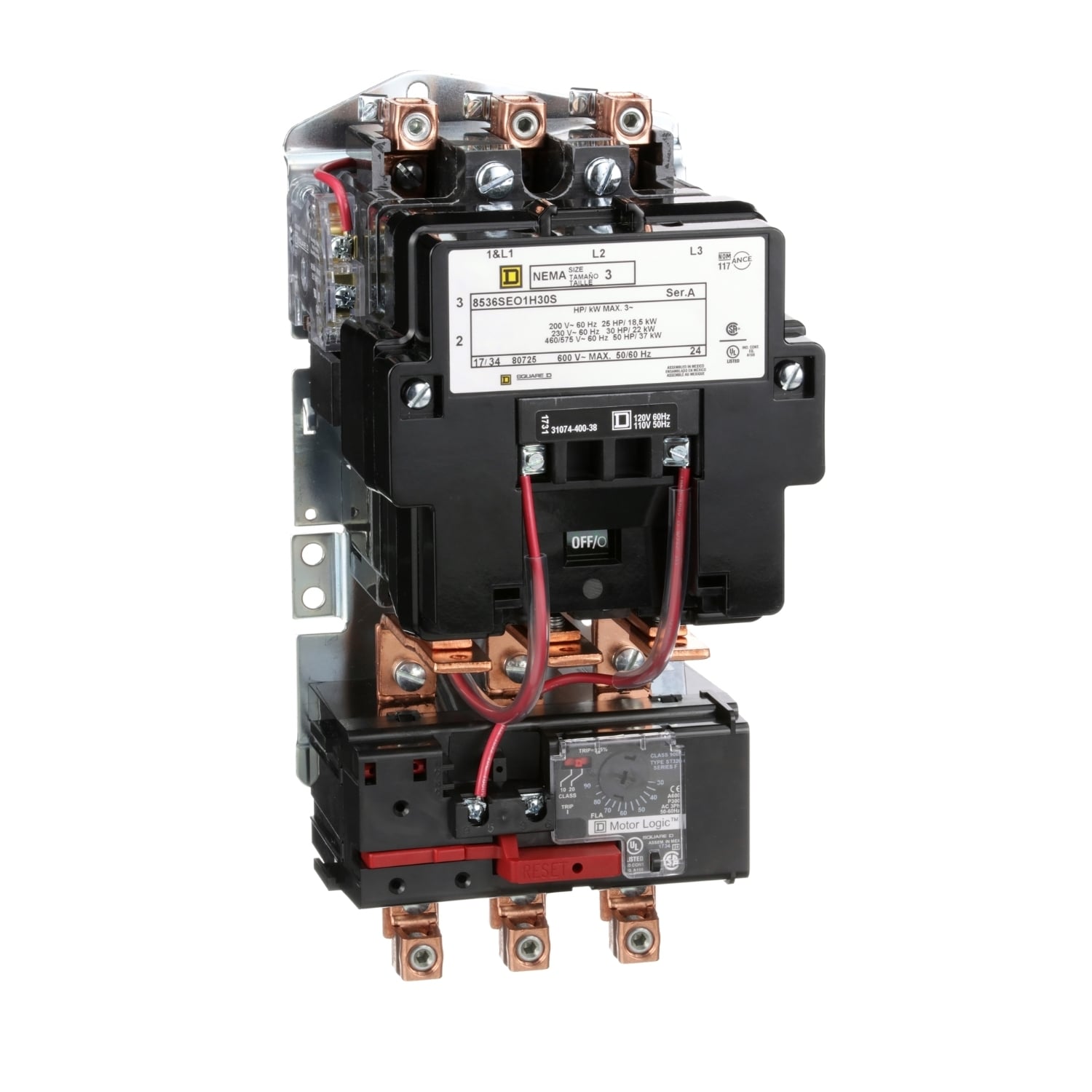 NEMA motor starter, Type S, nonreversing, Size 3, 90A, 50HP at 460VAC, up to 100kA SCCR, 3 phase, 3 pole, Motor Logic, 120VAC coil, open [TAA]