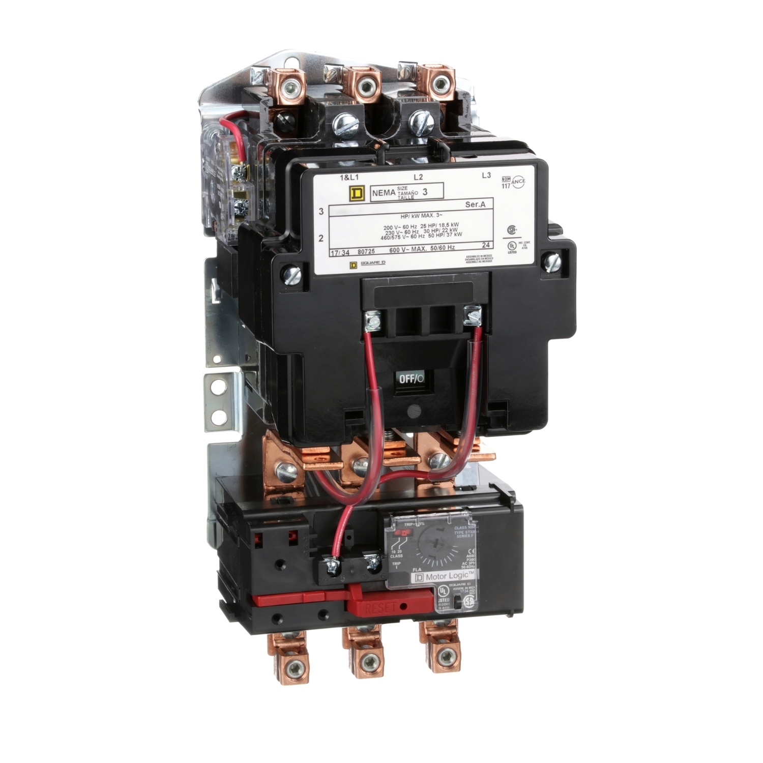 NEMA motor starter, Type S, nonreversing, Size 3, 90A, 50HP at 460VAC, up to 100kA SCCR, 3 phase, 3 pole, Motor Logic, 120VAC coil, open